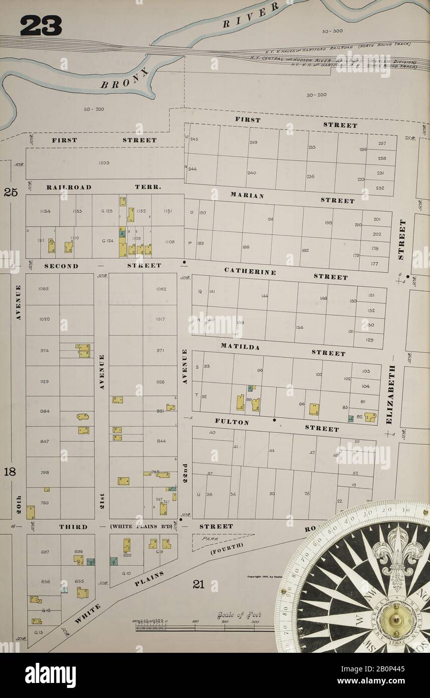 Image 28 of Sanborn Fire Insurance Map from New York, Bronx, Manhattan, New York. 1890 - 1902 Vol. B, 1897. 57 Sheet(s). Key map to edition. Bound, America, street map with a Nineteenth Century compass Stock Photo