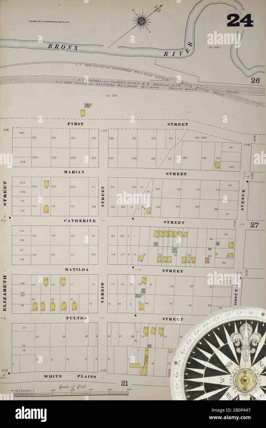 Image 29 of Sanborn Fire Insurance Map from New York, Bronx, Manhattan, New York. 1890 - 1902 Vol. B, 1897. 57 Sheet(s). Key map to edition. Bound, America, street map with a Nineteenth Century compass Stock Photo
