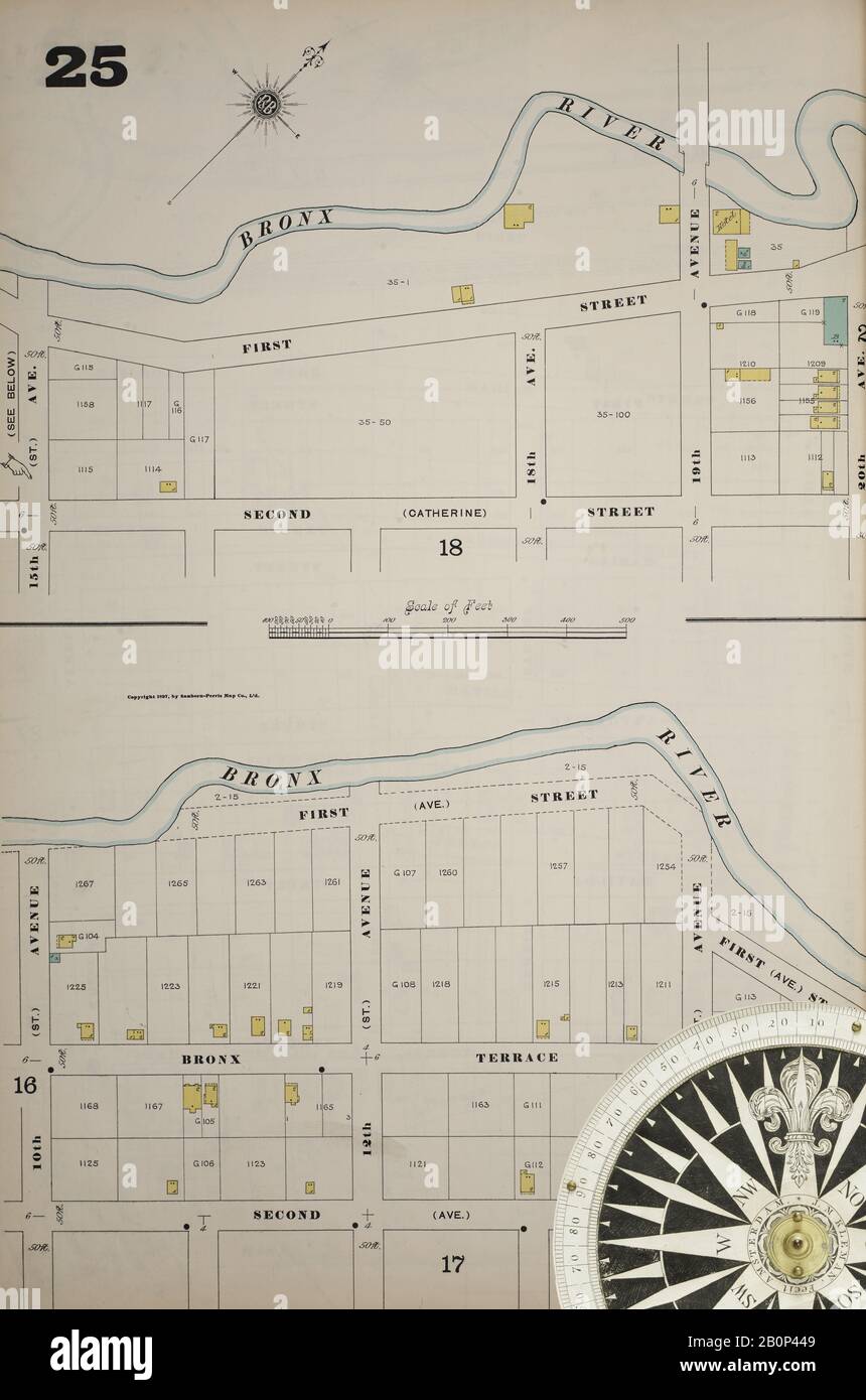Image 30 of Sanborn Fire Insurance Map from New York, Bronx, Manhattan, New York. 1890 - 1902 Vol. B, 1897. 57 Sheet(s). Key map to edition. Bound, America, street map with a Nineteenth Century compass Stock Photo