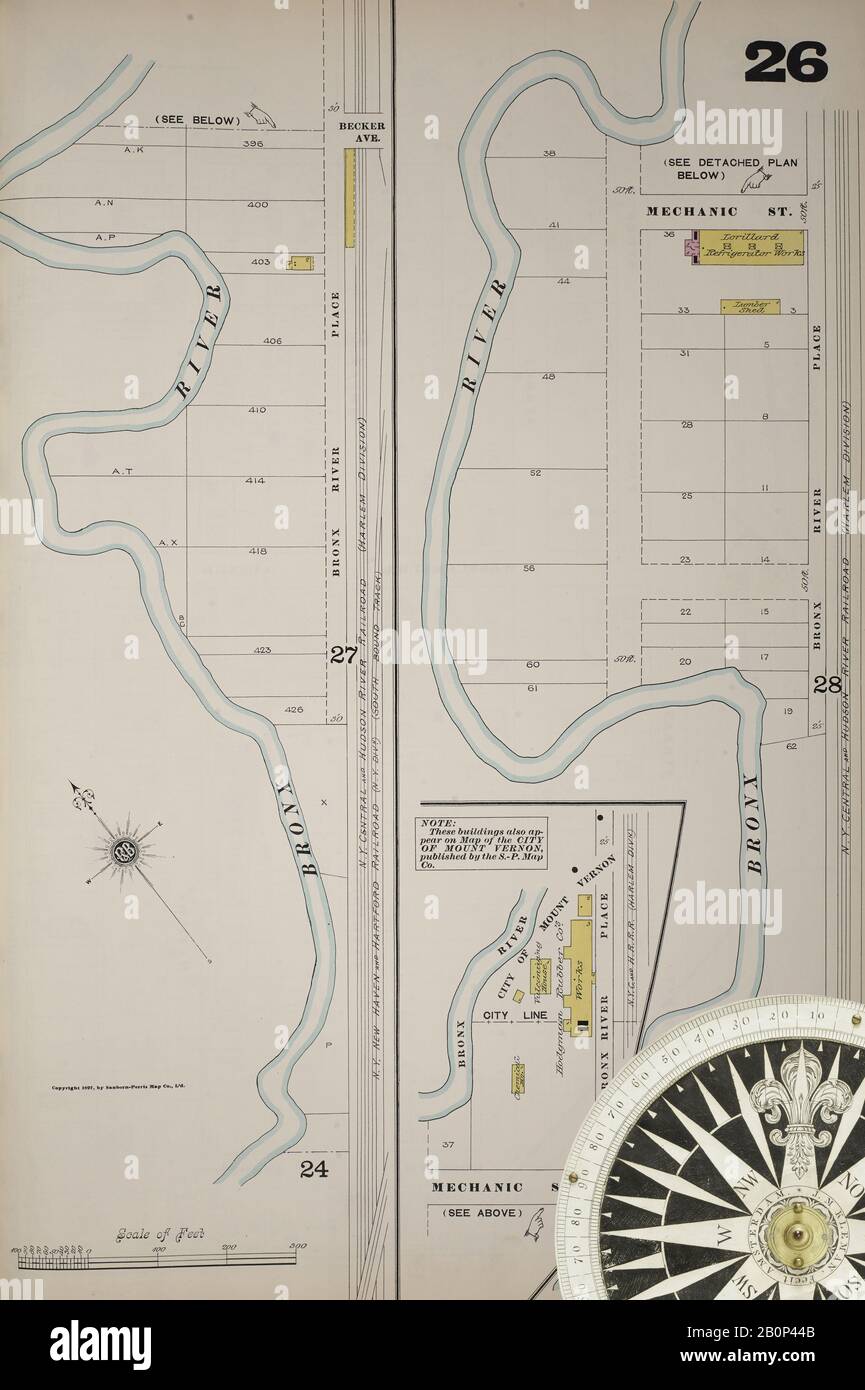 Image 31 of Sanborn Fire Insurance Map from New York, Bronx, Manhattan, New York. 1890 - 1902 Vol. B, 1897. 57 Sheet(s). Key map to edition. Bound, America, street map with a Nineteenth Century compass Stock Photo