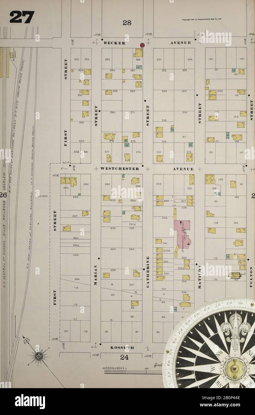 Image 32 of Sanborn Fire Insurance Map from New York, Bronx, Manhattan, New York. 1890 - 1902 Vol. B, 1897. 57 Sheet(s). Key map to edition. Bound, America, street map with a Nineteenth Century compass Stock Photo