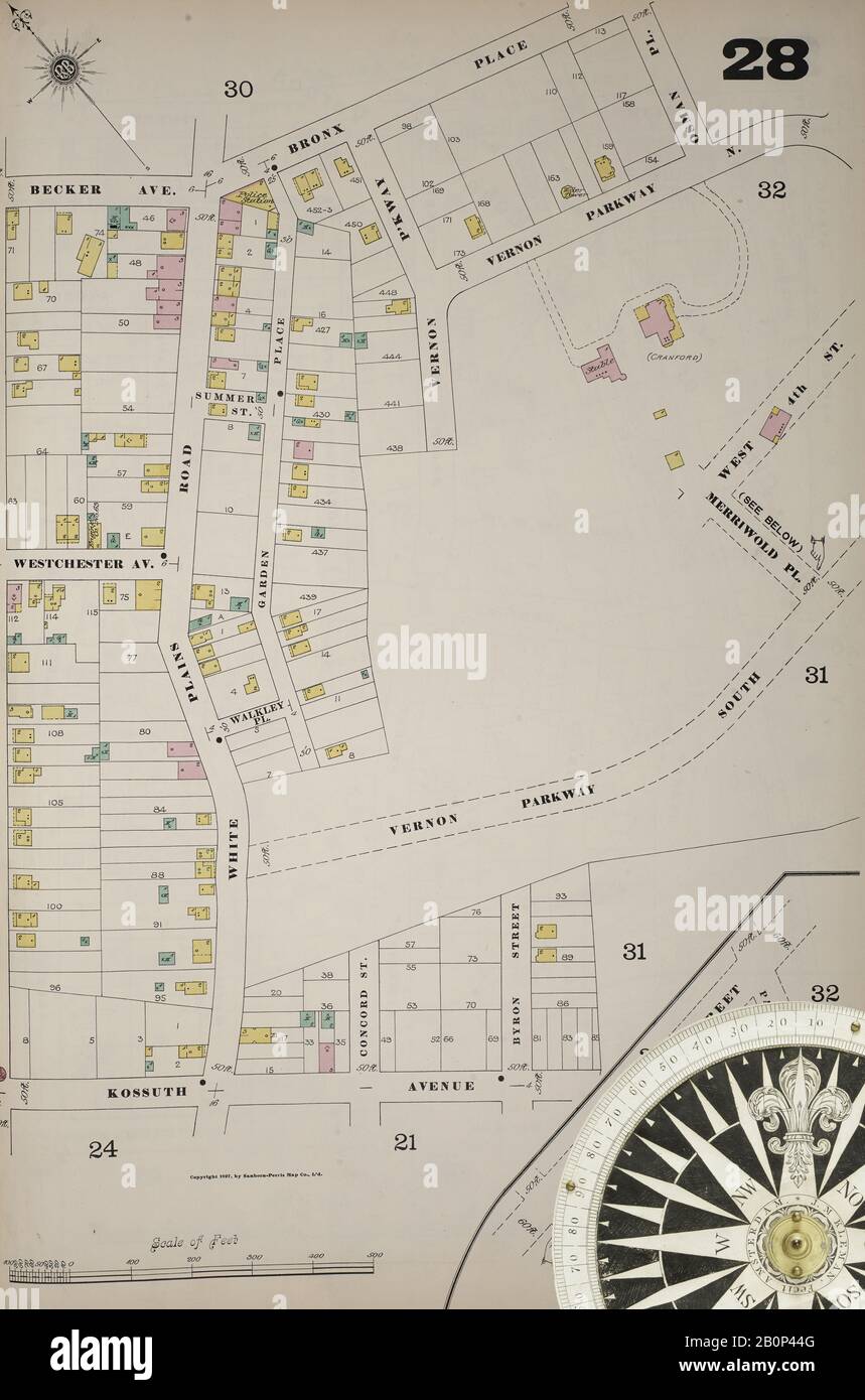 Image 33 of Sanborn Fire Insurance Map from New York, Bronx, Manhattan, New York. 1890 - 1902 Vol. B, 1897. 57 Sheet(s). Key map to edition. Bound, America, street map with a Nineteenth Century compass Stock Photo