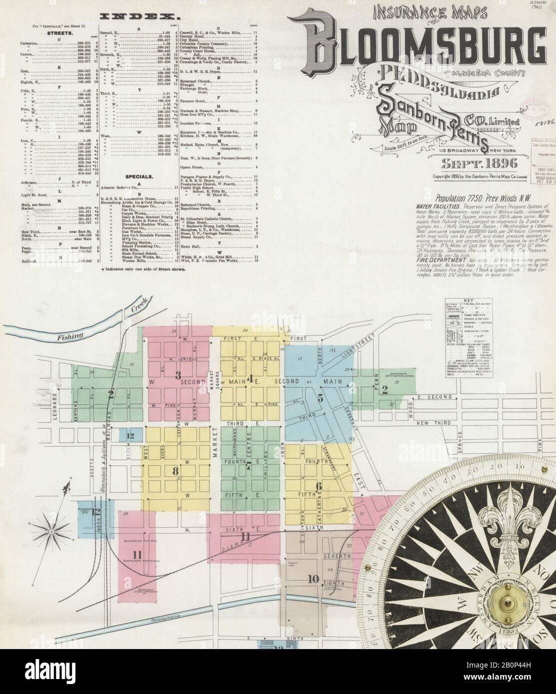 Image 1 of Sanborn Fire Insurance Map from Bloomsburg, Columbia County, Pennsylvania. Sep 1896. 12 Sheet(s), America, street map with a Nineteenth Century compass Stock Photo