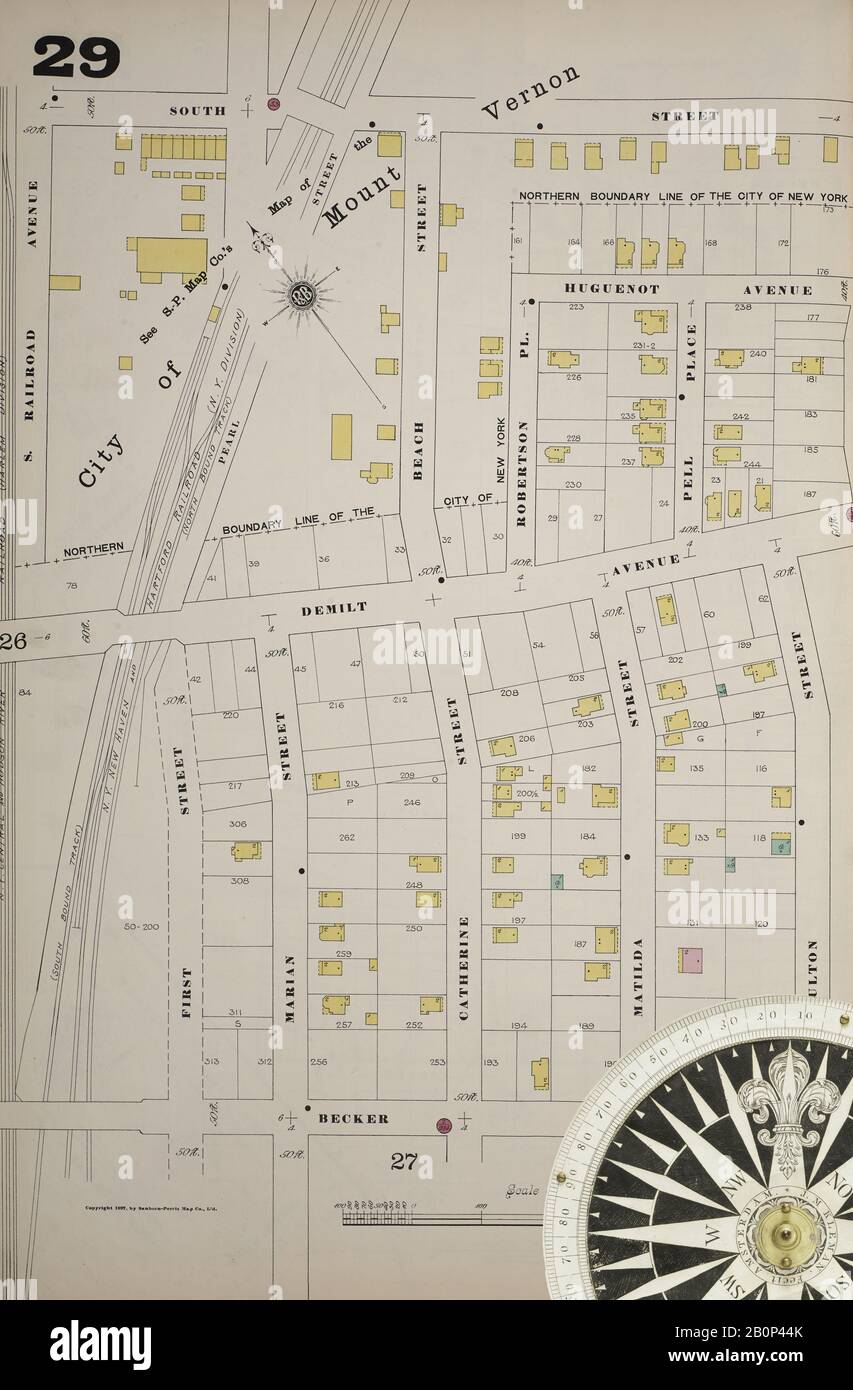 Image 34 of Sanborn Fire Insurance Map from New York, Bronx, Manhattan, New York. 1890 - 1902 Vol. B, 1897. 57 Sheet(s). Key map to edition. Bound, America, street map with a Nineteenth Century compass Stock Photo