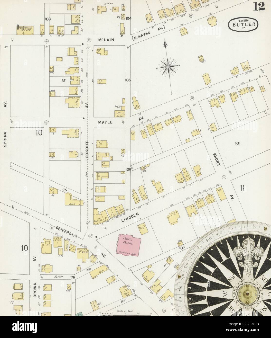 Image 12 of Sanborn Fire Insurance Map from Butler, Butler County, Pennsylvania. Sep 1896. 14 Sheet(s), America, street map with a Nineteenth Century compass Stock Photo