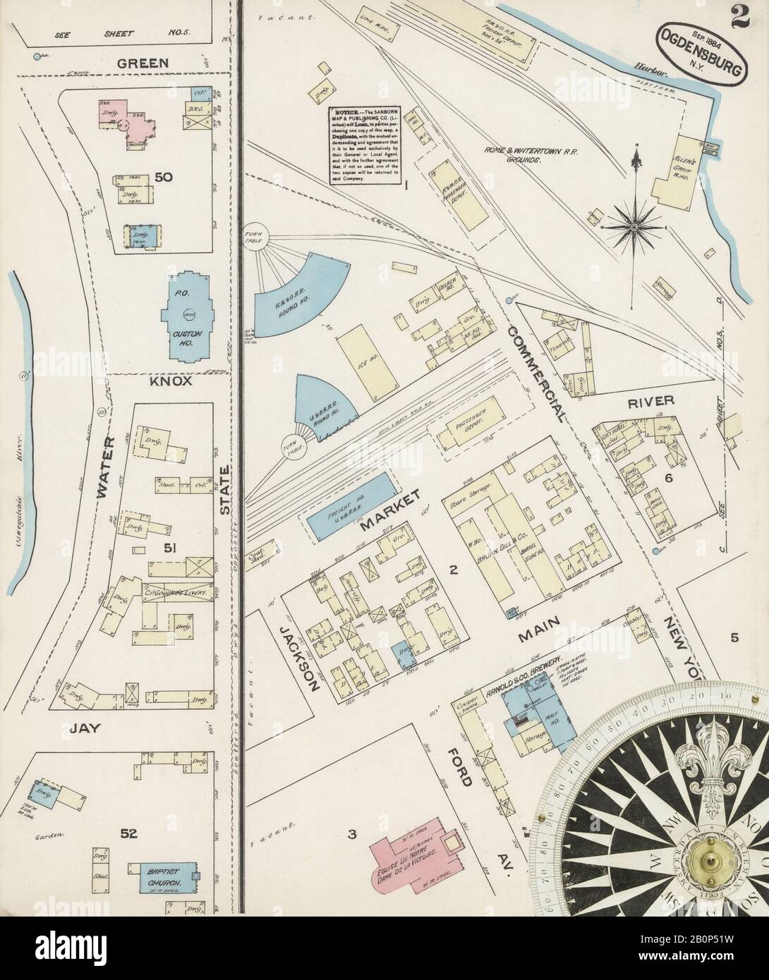 Image 2 of Sanborn Fire Insurance Map from Ogdensburg, St. Lawrence County, New York. Sep 1884. 11 Sheet(s), America, street map with a Nineteenth Century compass Stock Photo