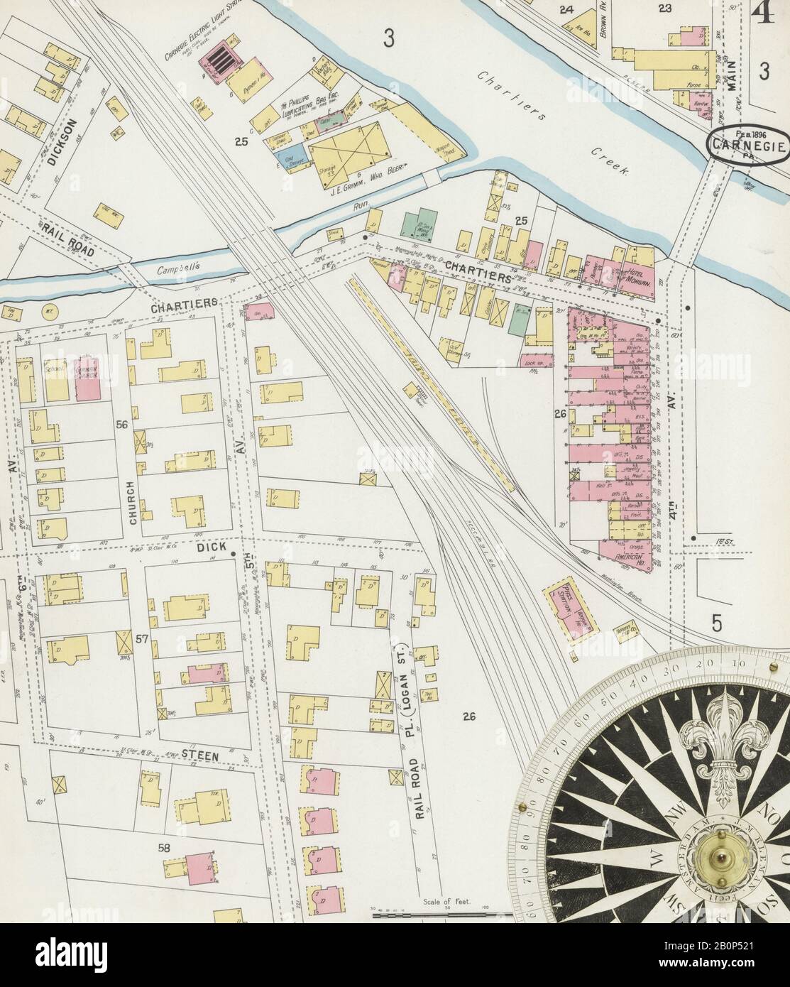 Image 4 of Sanborn Fire Insurance Map from Carnegie, Allegheny County, Pennsylvania. Feb 1896. 6 Sheet(s), America, street map with a Nineteenth Century compass Stock Photo