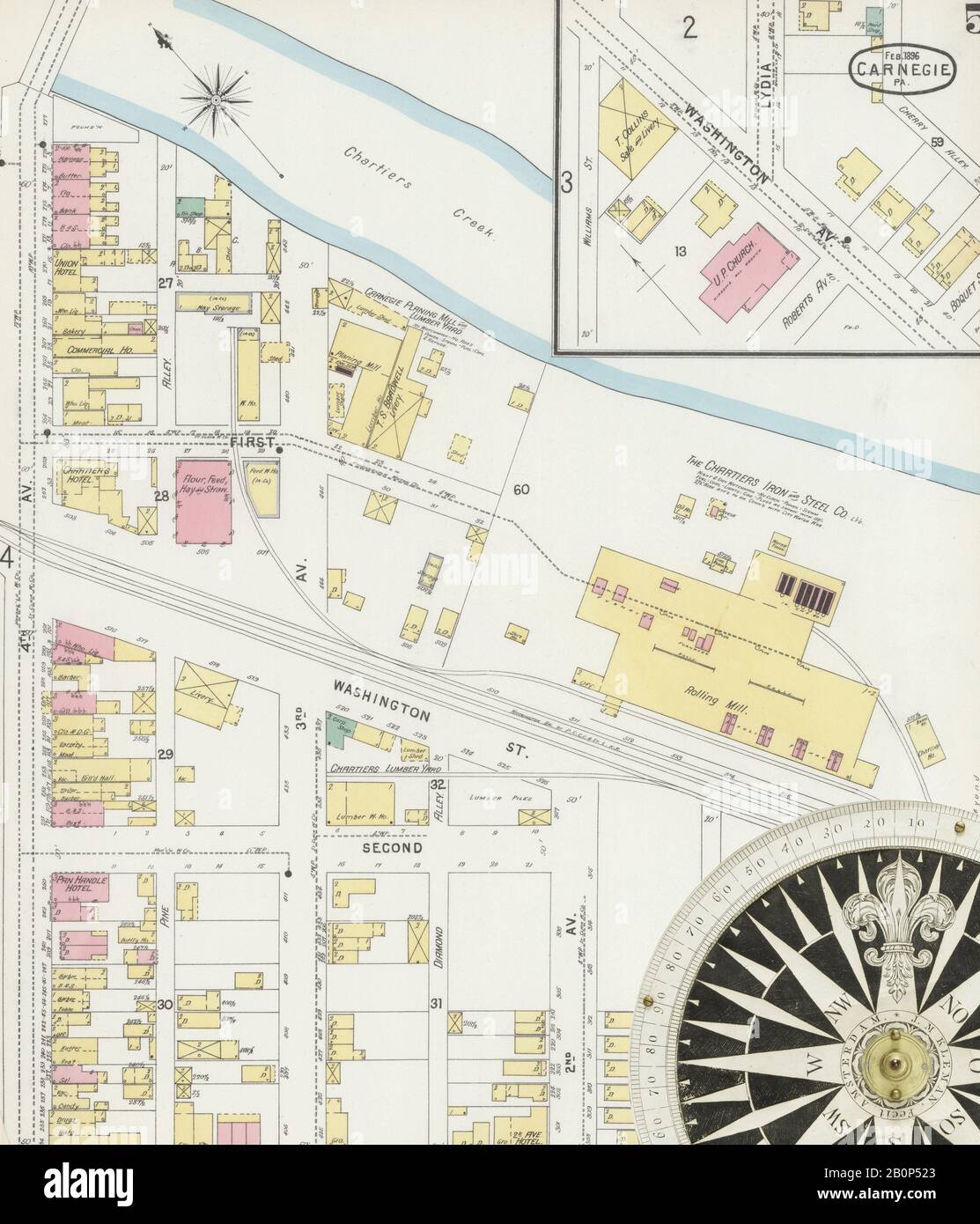 Image 5 of Sanborn Fire Insurance Map from Carnegie, Allegheny County, Pennsylvania. Feb 1896. 6 Sheet(s), America, street map with a Nineteenth Century compass Stock Photo