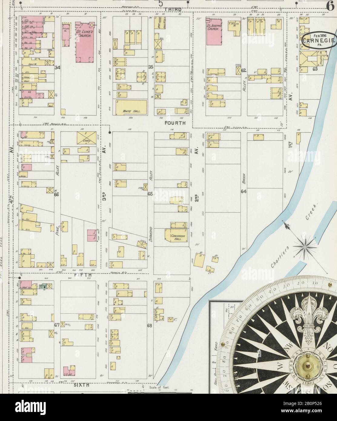 Image 6 of Sanborn Fire Insurance Map from Carnegie, Allegheny County, Pennsylvania. Feb 1896. 6 Sheet(s), America, street map with a Nineteenth Century compass Stock Photo
