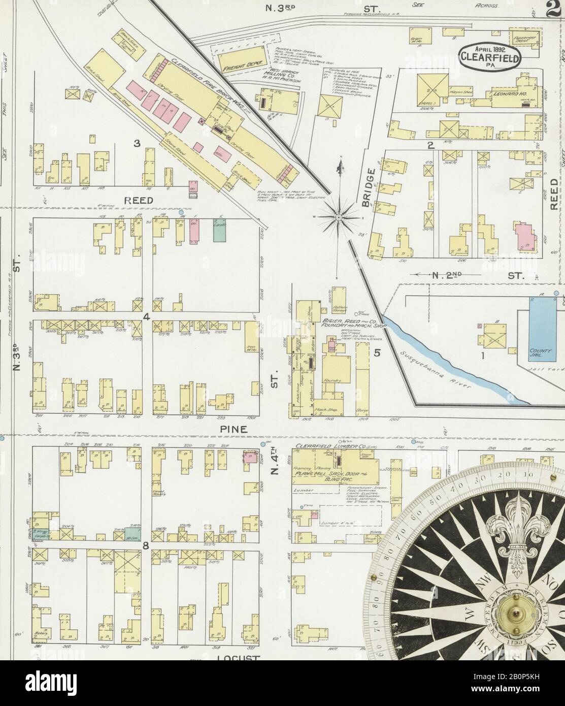 Image 2 of Sanborn Fire Insurance Map from Clearfield, Clearfield County, Pennsylvania. Apr 1892. 5 Sheet(s), America, street map with a Nineteenth Century compass Stock Photo