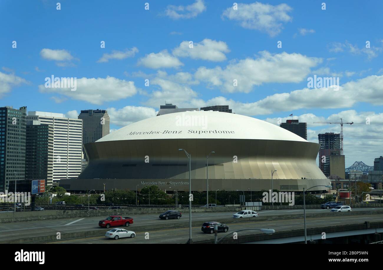 New Orleans, Louisiana, U.S.A - February 4, 2020 - The view of the traffic and the famous Superdome in the city Stock Photo