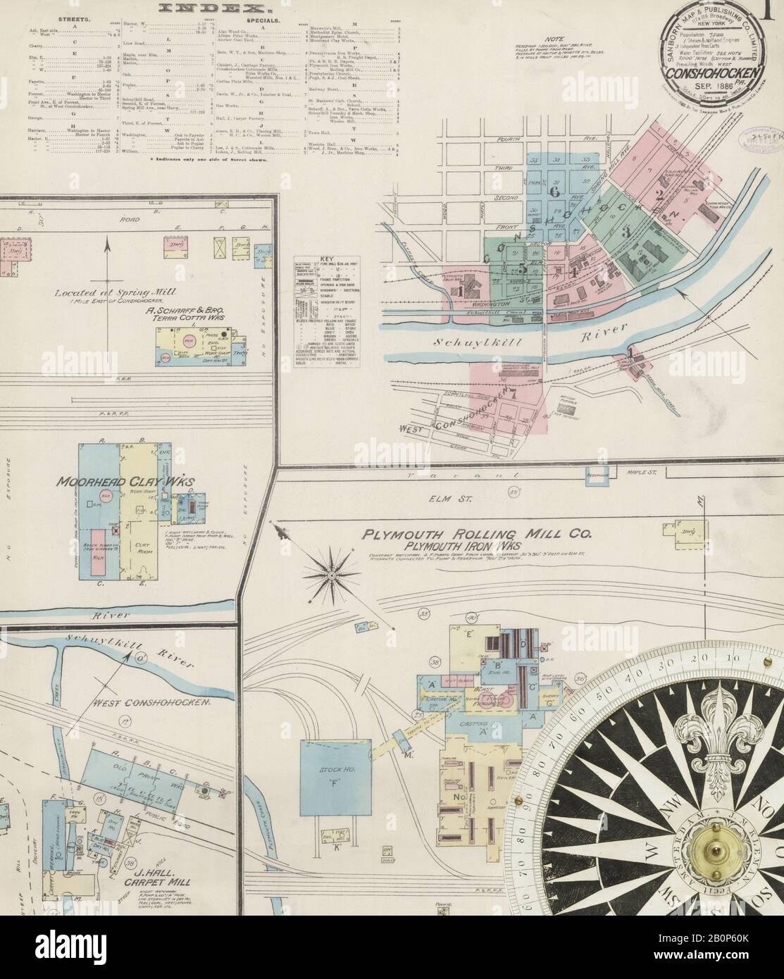 Image 1 of Sanborn Fire Insurance Map from Conshohocken, Montogomery County, Pennsylvania. Sep 1886. 7 Sheet(s). Includes West Conshohocken, America, street map with a Nineteenth Century compass Stock Photo