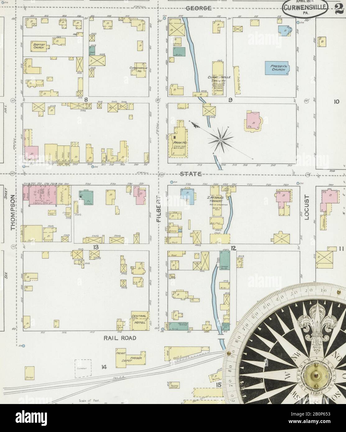Image 2 of Sanborn Fire Insurance Map from Curwensville, Clearfield County, Pennsylvania. Apr 1892. 3 Sheet(s), America, street map with a Nineteenth Century compass Stock Photo