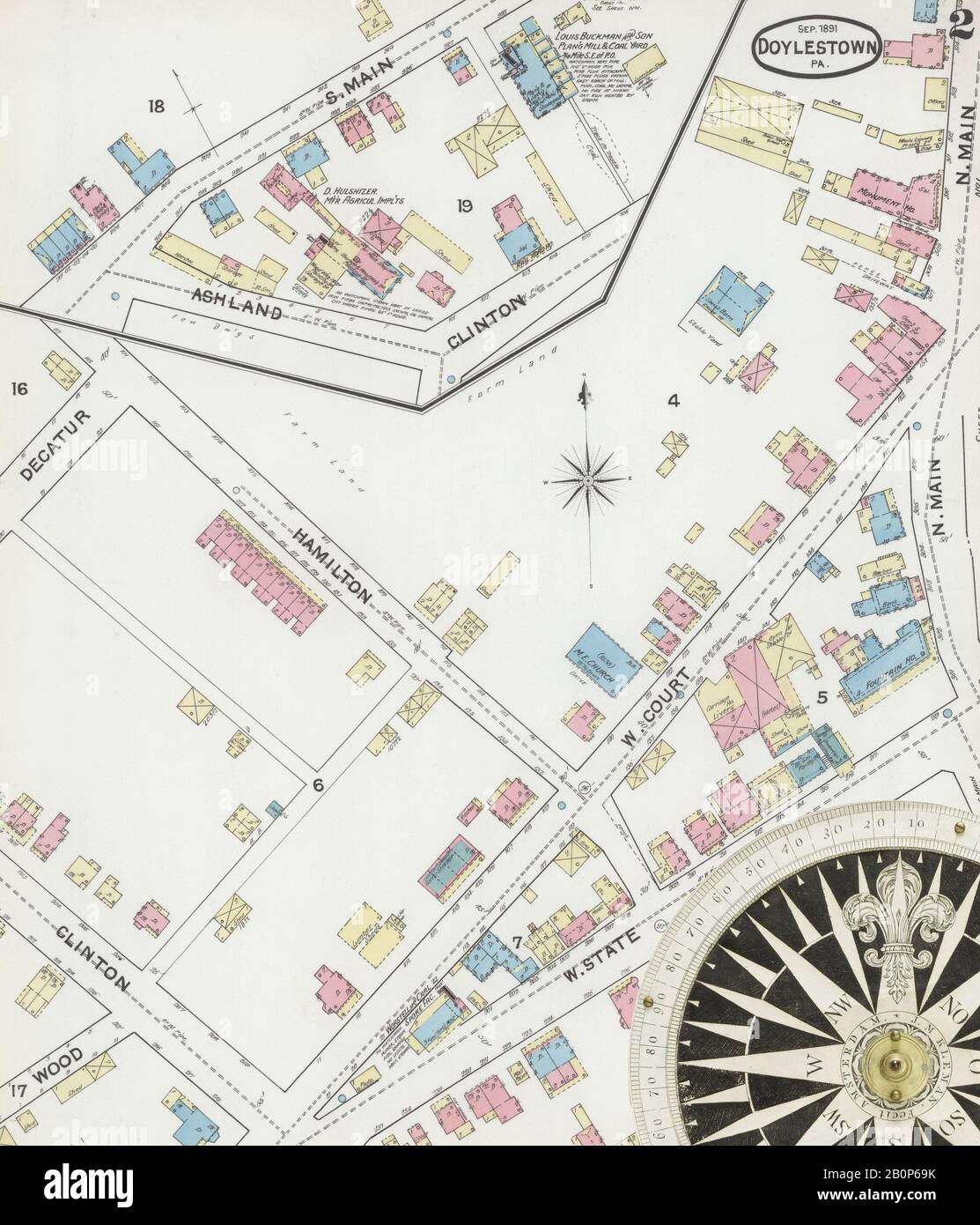 Image 2 Of Sanborn Fire Insurance Map From Doylestown Bucks County Pennsylvania Sep 1891 2 Sheets America Street Map With A Nineteenth Century Compass 2B0P69K 