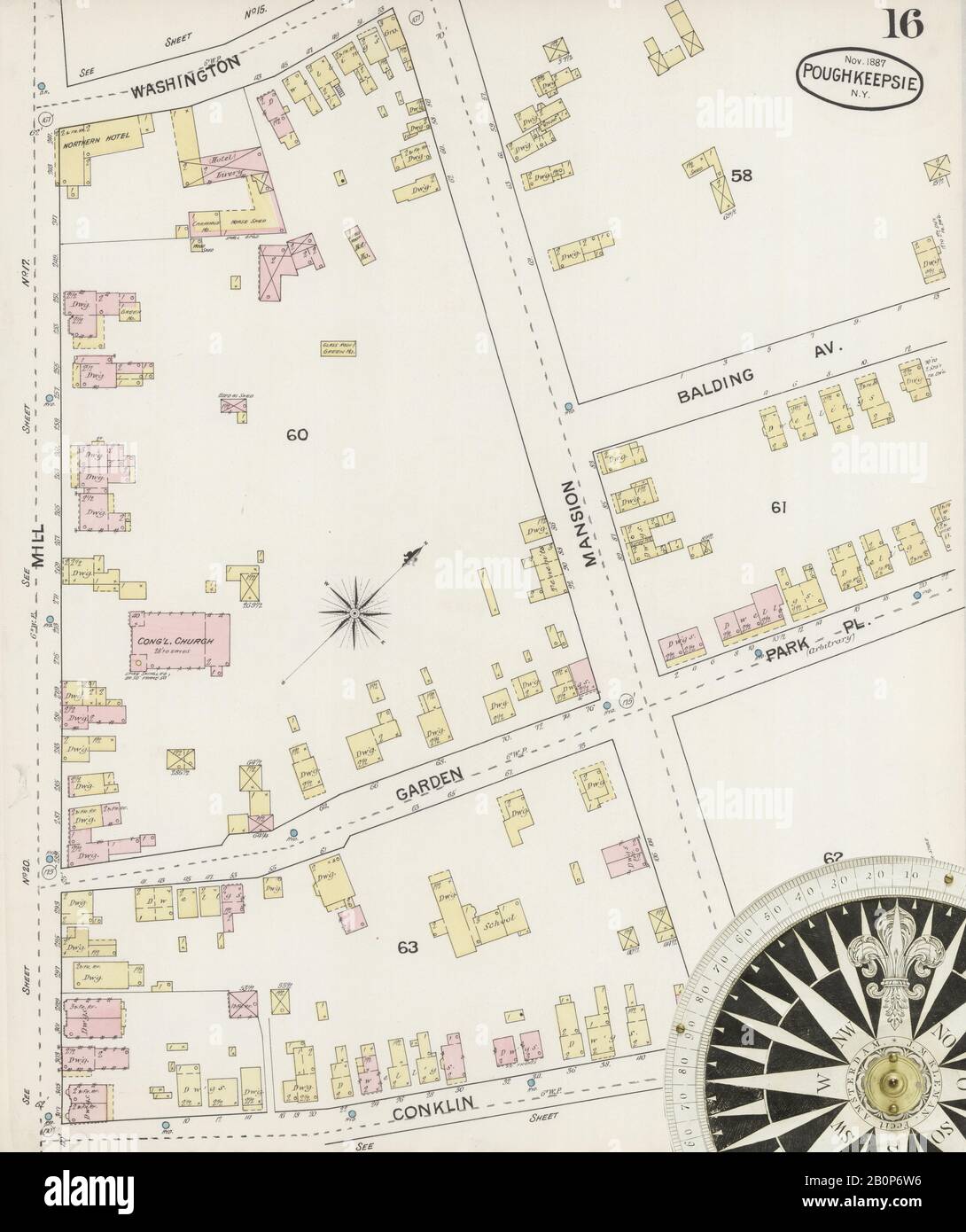 Image 16 of Sanborn Fire Insurance Map from Poughkeepsie, Dutchess County, New York. Nov 1887. 24 Sheet(s), America, street map with a Nineteenth Century compass Stock Photo