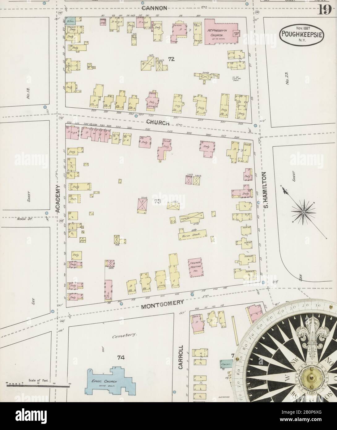 Image 19 of Sanborn Fire Insurance Map from Poughkeepsie, Dutchess County, New York. Nov 1887. 24 Sheet(s), America, street map with a Nineteenth Century compass Stock Photo