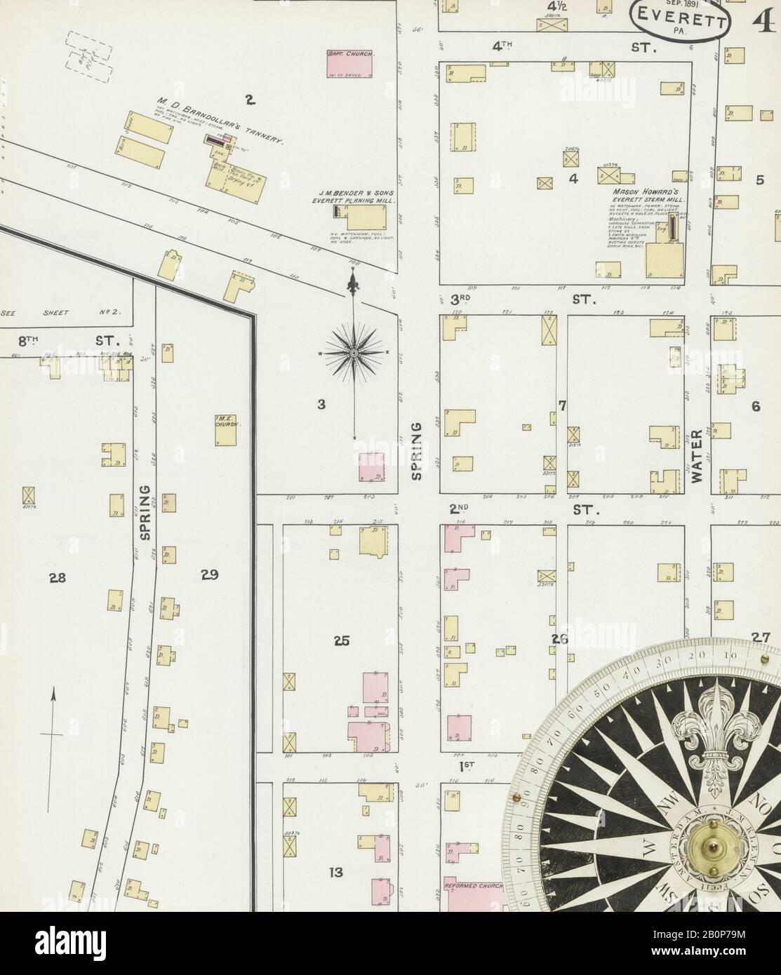 Image 4 of Sanborn Fire Insurance Map from Everett, Bedford County, Pennsylvania. Sep 1891. 4 Sheet(s), America, street map with a Nineteenth Century compass Stock Photo