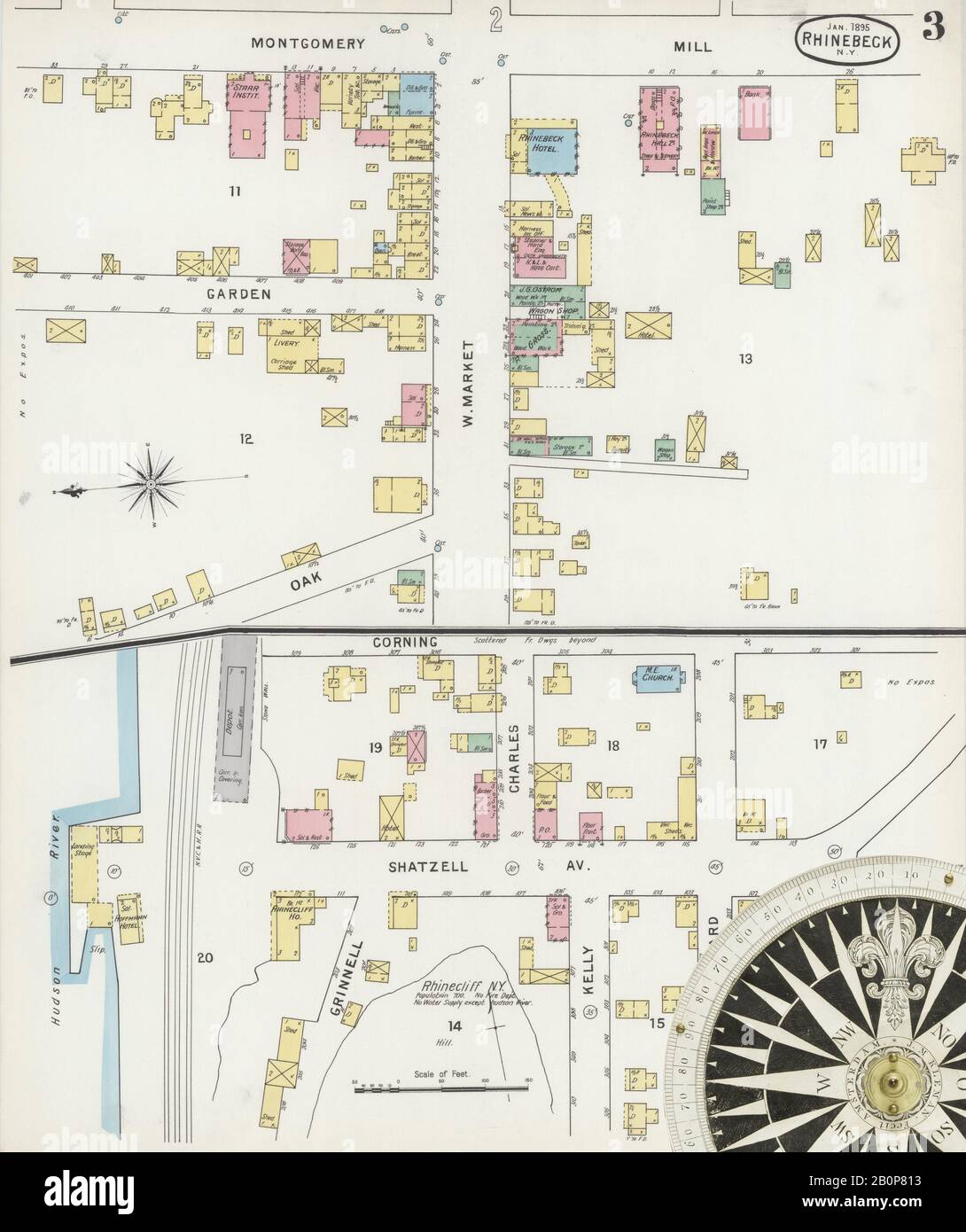 Map of rhinebeck new york hi res - Image 3 Of Sanborn Fire Insurance Map From Rhinebeck Dutchess County New York Jan 1895 3 Sheets America Street Map With A Nineteenth Century Compass 2B0P813