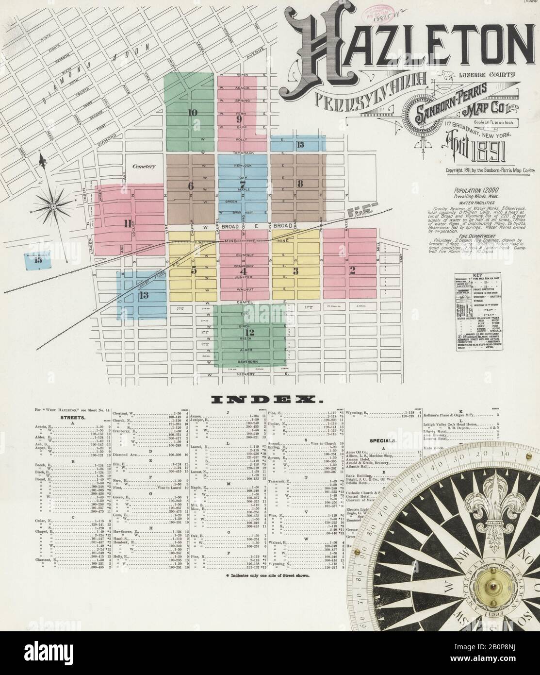 Image 1 of Sanborn Fire Insurance Map from Hazleton, Luzerne County, Pennsylvania. Apr 1891. 14 Sheet(s), America, street map with a Nineteenth Century compass Stock Photo