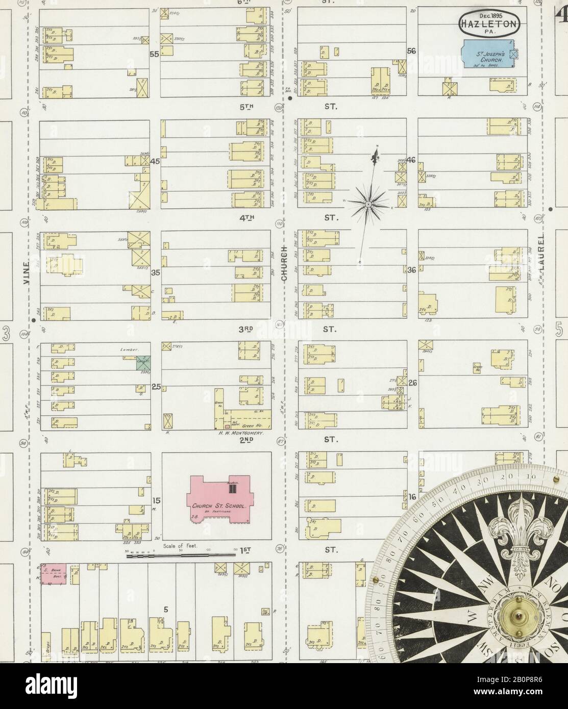 Image 4 of Sanborn Fire Insurance Map from Hazleton, Luzerne County, Pennsylvania. Dec 1895. 24 Sheet(s), America, street map with a Nineteenth Century compass Stock Photo