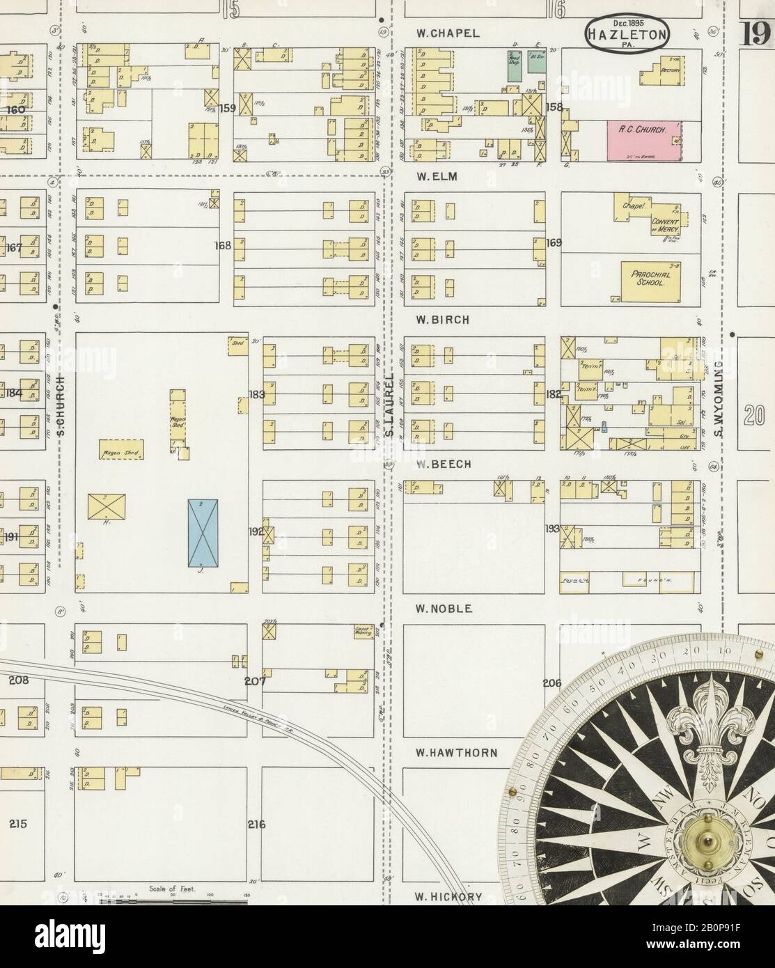 Image 19 of Sanborn Fire Insurance Map from Hazleton, Luzerne County, Pennsylvania. Dec 1895. 24 Sheet(s), America, street map with a Nineteenth Century compass Stock Photo