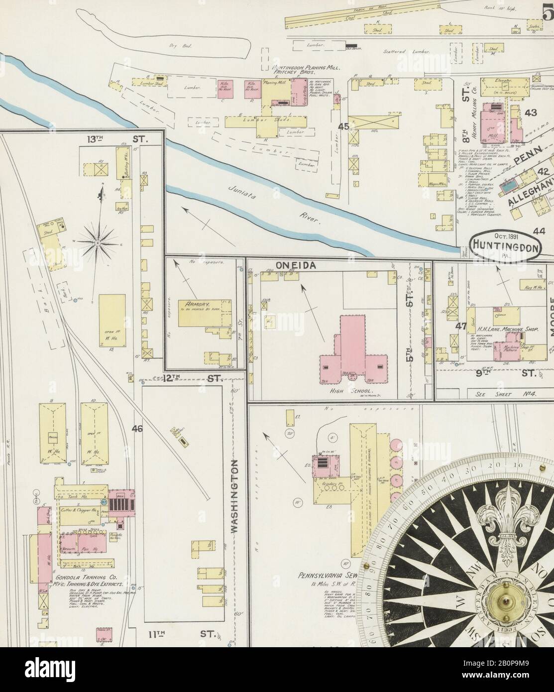 Image 5 of Sanborn Fire Insurance Map from Huntingdon, Huntingdon County, Pennsylvania. Oct 1891. 6 Sheet(s), America, street map with a Nineteenth Century compass Stock Photo