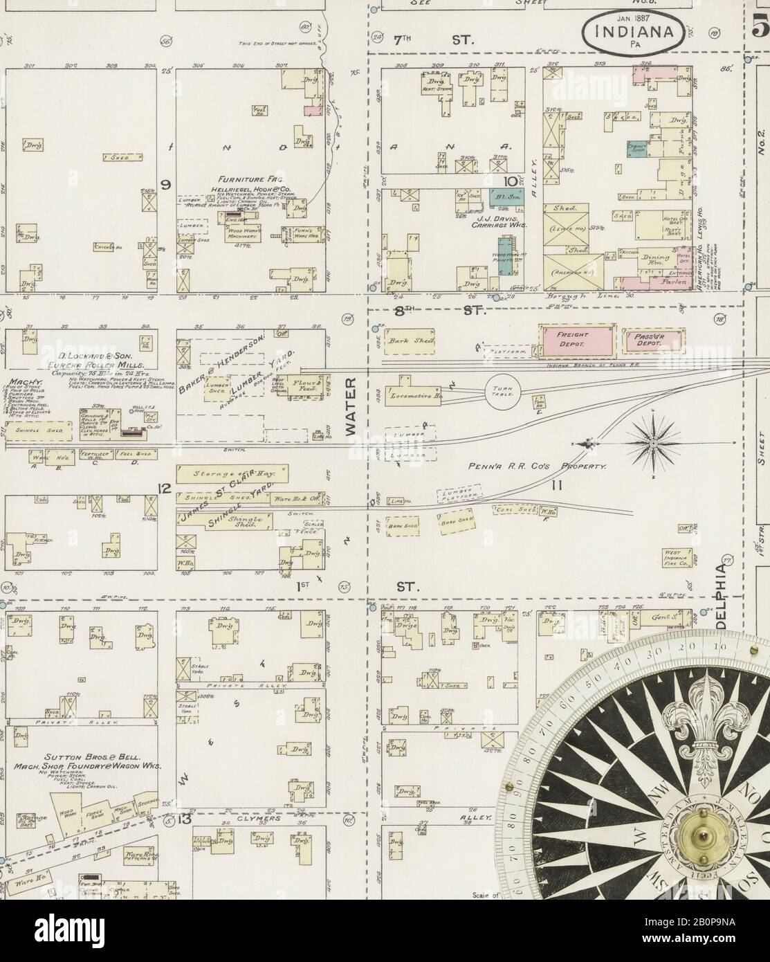 Image 5 of Sanborn Fire Insurance Map from Indiana, Indiana County, Pennsylvania. Jan 1887. 7 Sheet(s), America, street map with a Nineteenth Century compass Stock Photo
