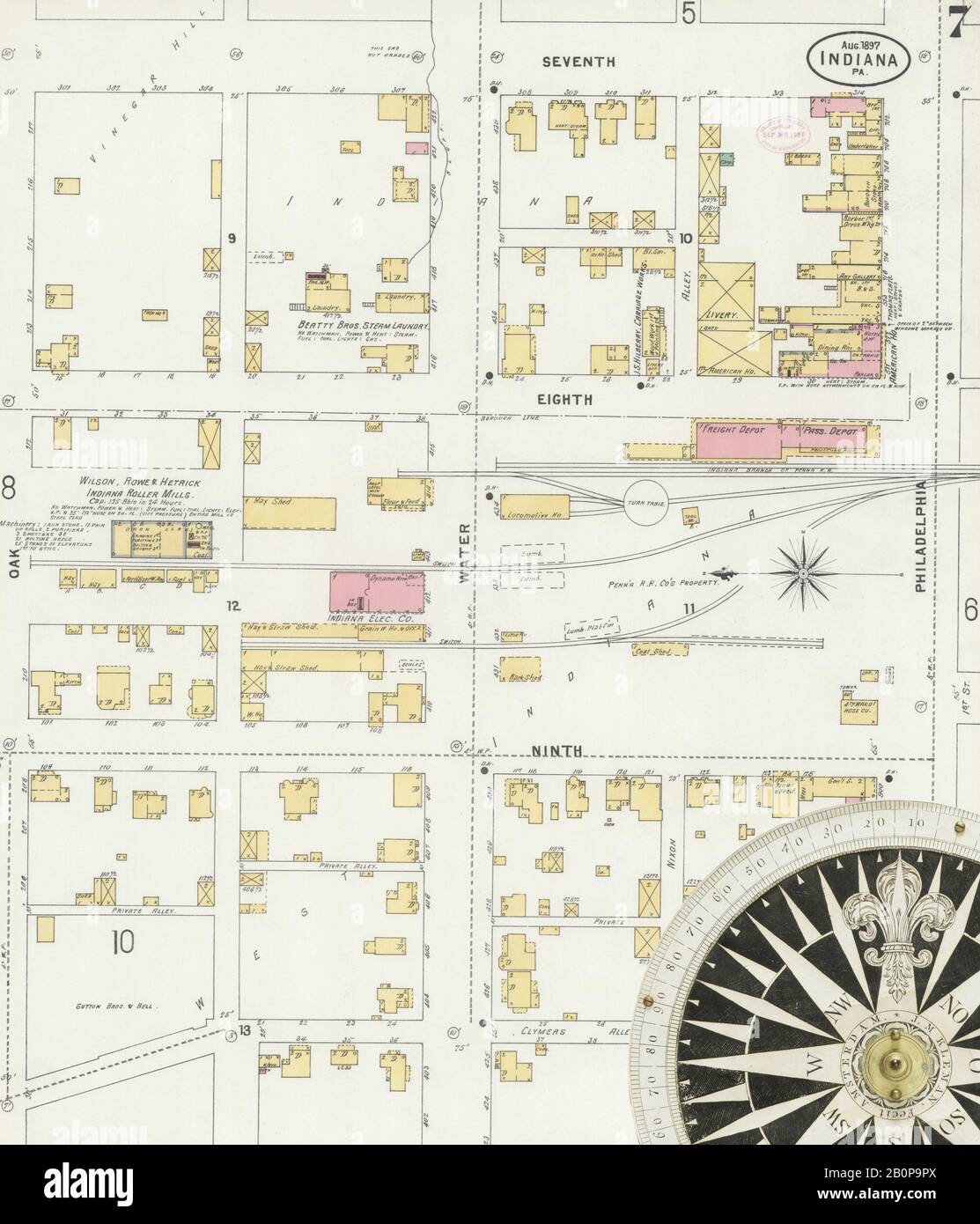 Image 7 of Sanborn Fire Insurance Map from Indiana, Indiana County, Pennsylvania. Aug 1897. 13 Sheet(s), America, street map with a Nineteenth Century compass Stock Photo