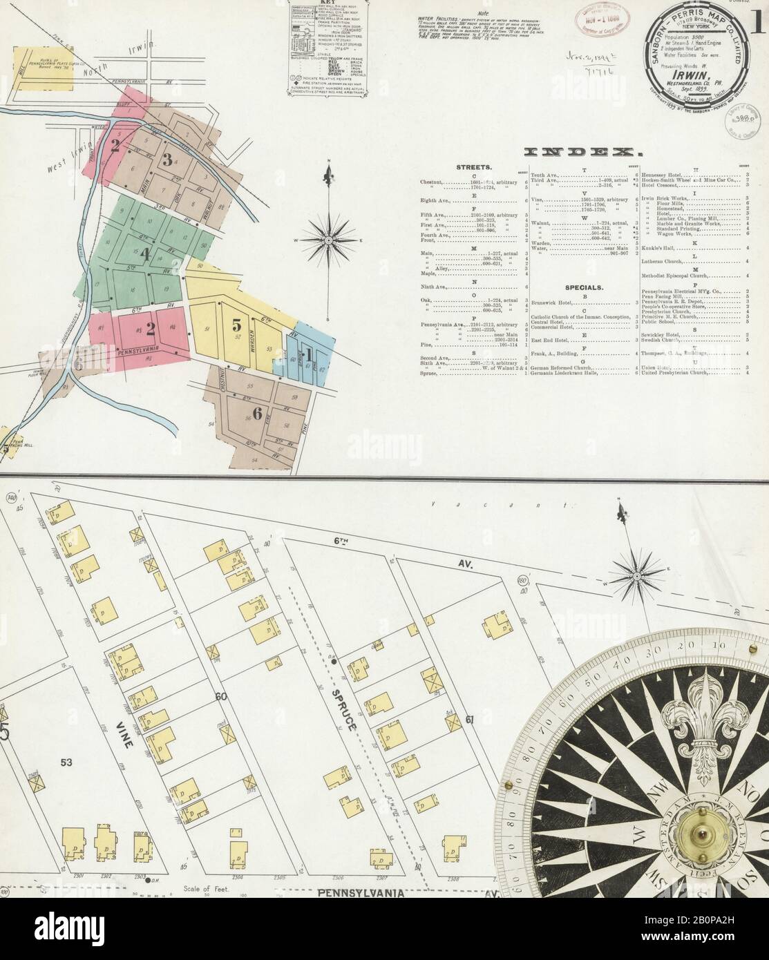 Image 1 of Sanborn Fire Insurance Map from Irwin, Westmoreland County, Pennsylvania. Sep 1899. 6 Sheet(s), America, street map with a Nineteenth Century compass Stock Photo