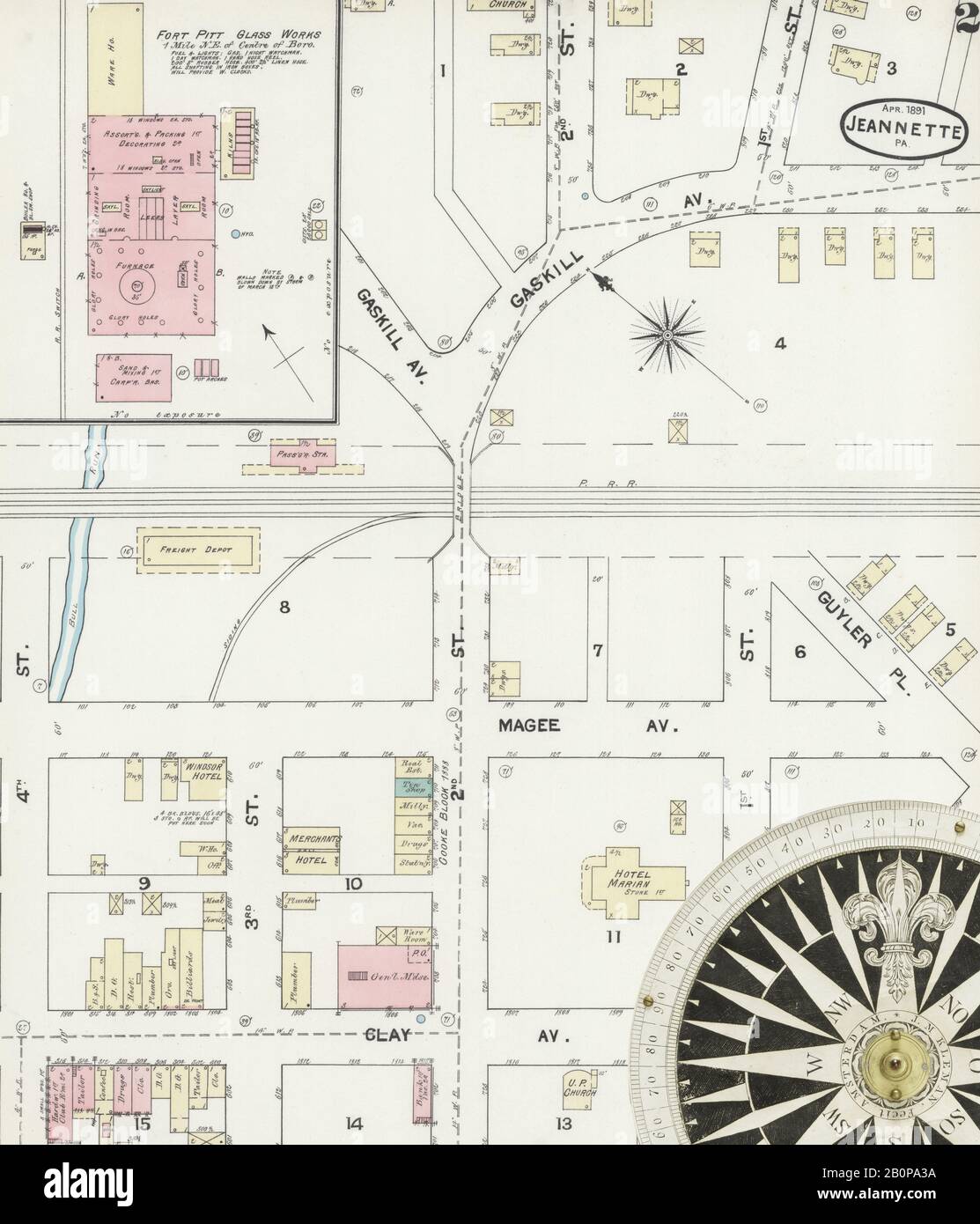 Image 2 of Sanborn Fire Insurance Map from Jeannette, Westmoreland County, Pennsylvania. Apr 1891. 7 Sheet(s), America, street map with a Nineteenth Century compass Stock Photo