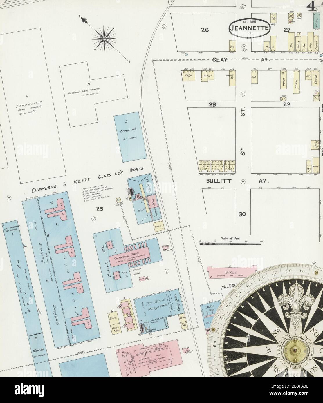 Image 4 of Sanborn Fire Insurance Map from Jeannette, Westmoreland County, Pennsylvania. Apr 1891. 7 Sheet(s), America, street map with a Nineteenth Century compass Stock Photo