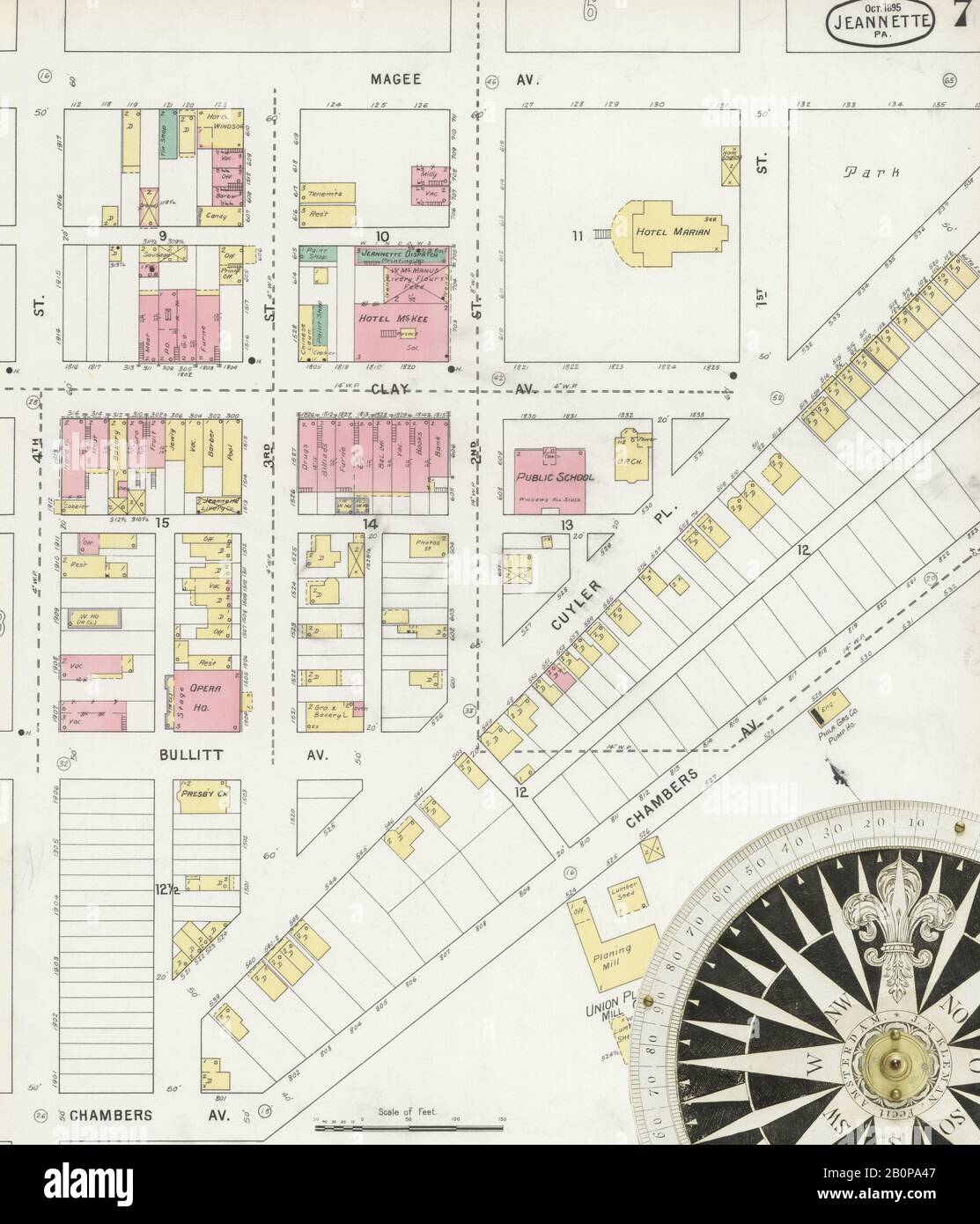 Image 7 of Sanborn Fire Insurance Map from Jeannette, Westmoreland County, Pennsylvania. Oct 1895. 11 Sheet(s), America, street map with a Nineteenth Century compass Stock Photo