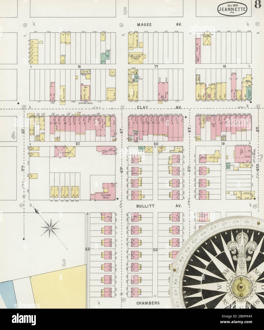 Image 8 of Sanborn Fire Insurance Map from Jeannette, Westmoreland County, Pennsylvania. Oct 1895. 11 Sheet(s), America, street map with a Nineteenth Century compass Stock Photo