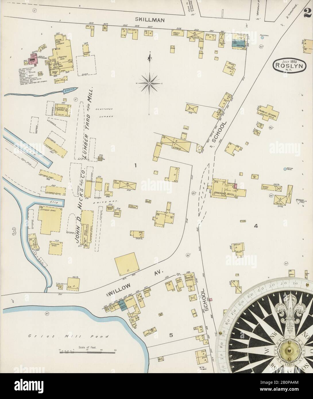 Image 2 of Sanborn Fire Insurance Map from Roslyn, Nassau County, New York. Jul 1893. 3 Sheet(s), America, street map with a Nineteenth Century compass Stock Photo