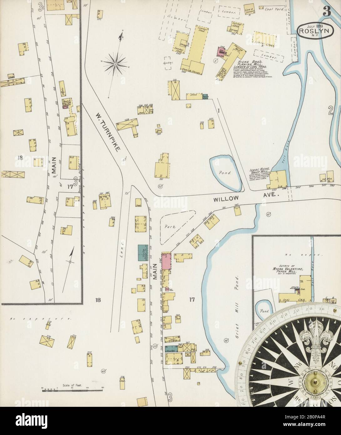 Image 3 of Sanborn Fire Insurance Map from Roslyn, Nassau County, New York. Jul 1893. 3 Sheet(s), America, street map with a Nineteenth Century compass Stock Photo