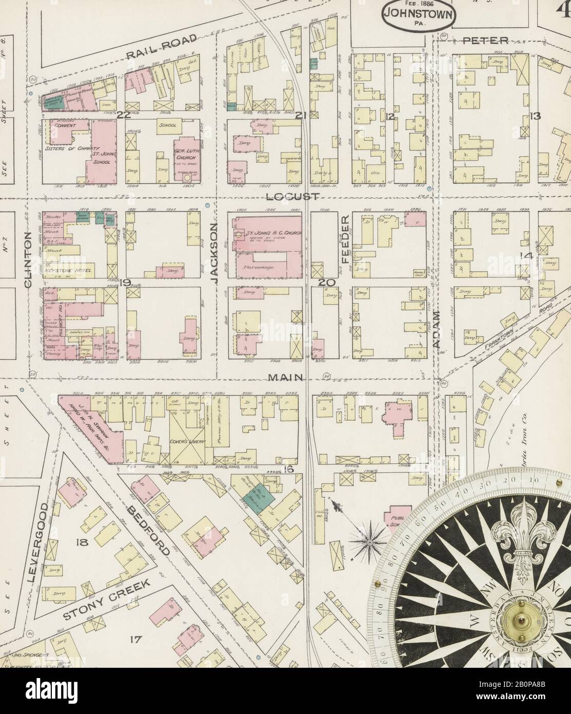 Image 4 of Sanborn Fire Insurance Map from Johnstown, Cambria County, Pennsylvania. Feb 1886. 13 Sheet(s), America, street map with a Nineteenth Century compass Stock Photo