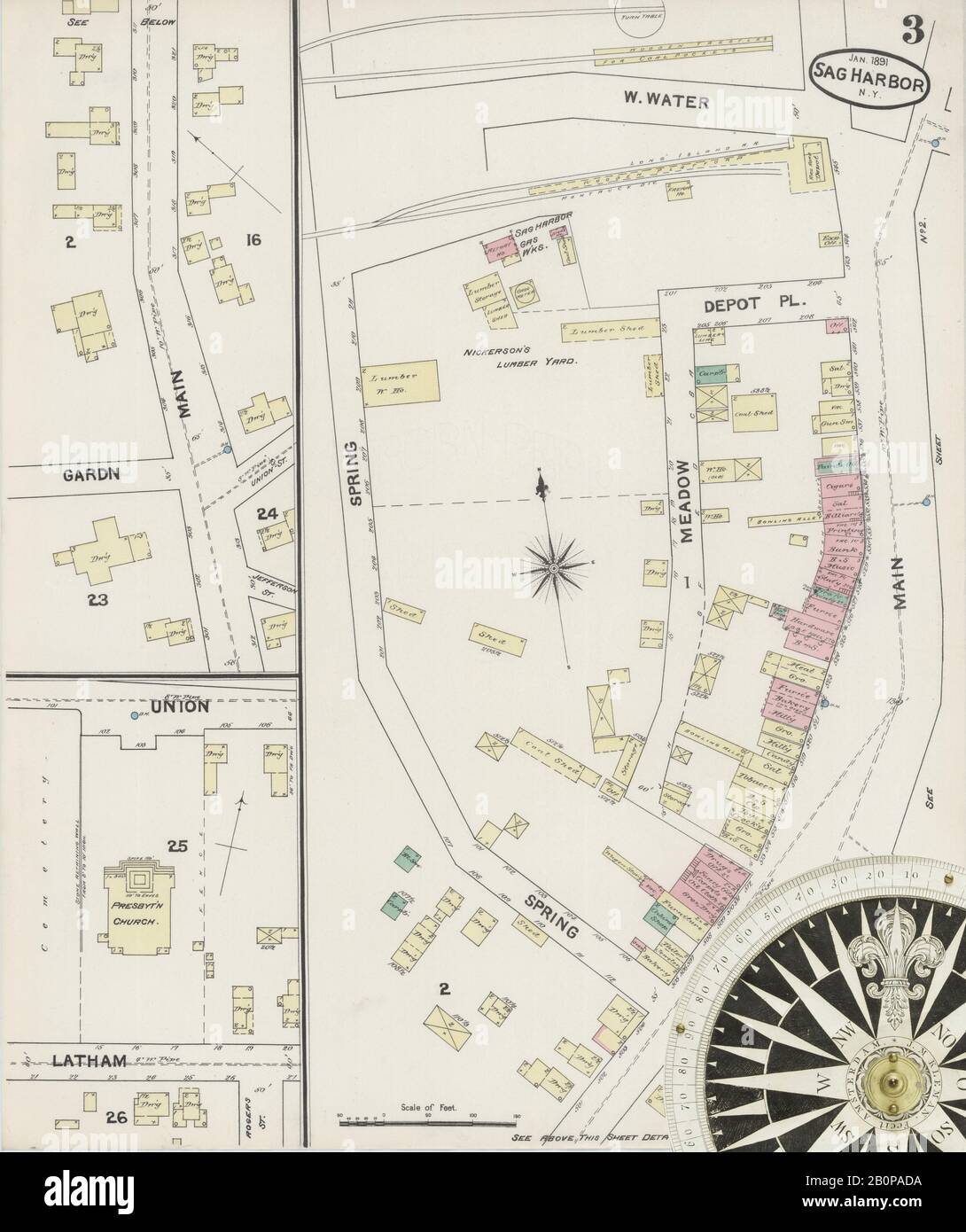 Image 3 of Sanborn Fire Insurance Map from Sag Harbor, Suffolk County, New York. Dec 1890. 3 Sheet(s), America, street map with a Nineteenth Century compass Stock Photo