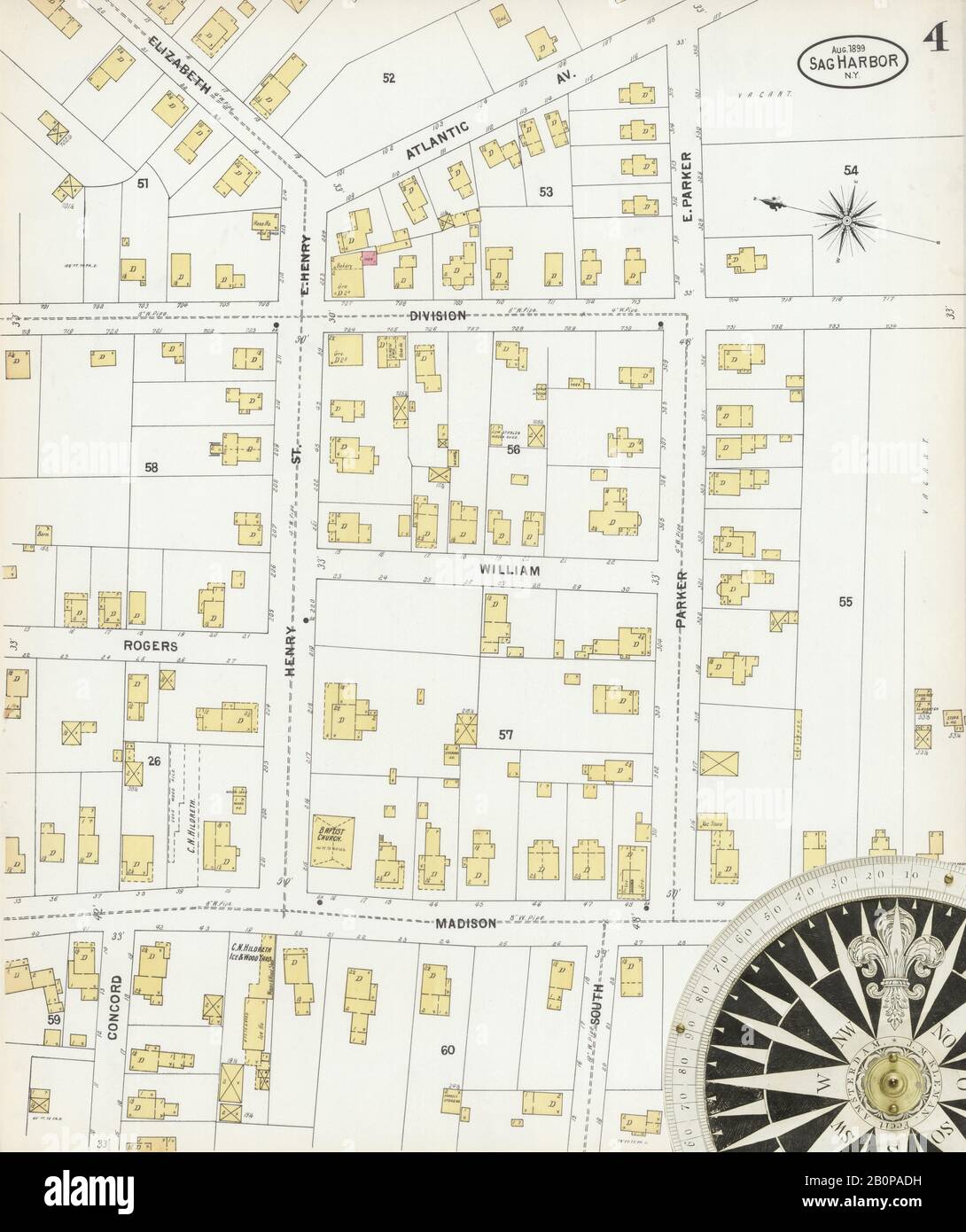 Image 4 of Sanborn Fire Insurance Map from Sag Harbor, Suffolk County, New York. Aug 1899. 4 Sheet(s), America, street map with a Nineteenth Century compass Stock Photo