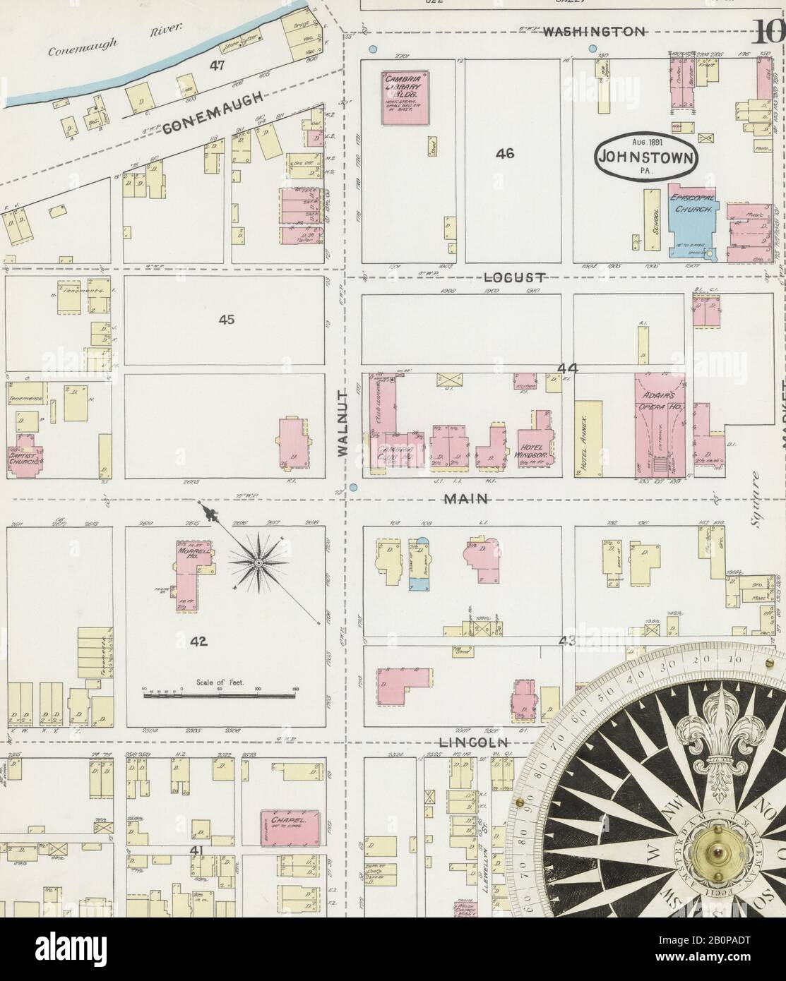 Image 10 of Sanborn Fire Insurance Map from Johnstown, Cambria County, Pennsylvania. Aug 1891. 21 Sheet(s), America, street map with a Nineteenth Century compass Stock Photo