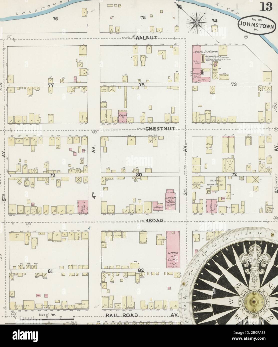Image 13 of Sanborn Fire Insurance Map from Johnstown, Cambria County, Pennsylvania. Aug 1891. 21 Sheet(s), America, street map with a Nineteenth Century compass Stock Photo