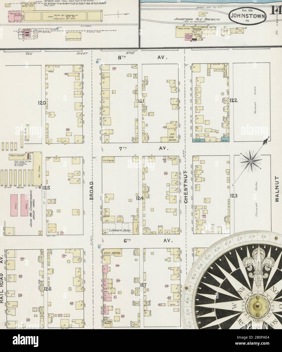 Image 14 of Sanborn Fire Insurance Map from Johnstown, Cambria County, Pennsylvania. Aug 1891. 21 Sheet(s), America, street map with a Nineteenth Century compass Stock Photo