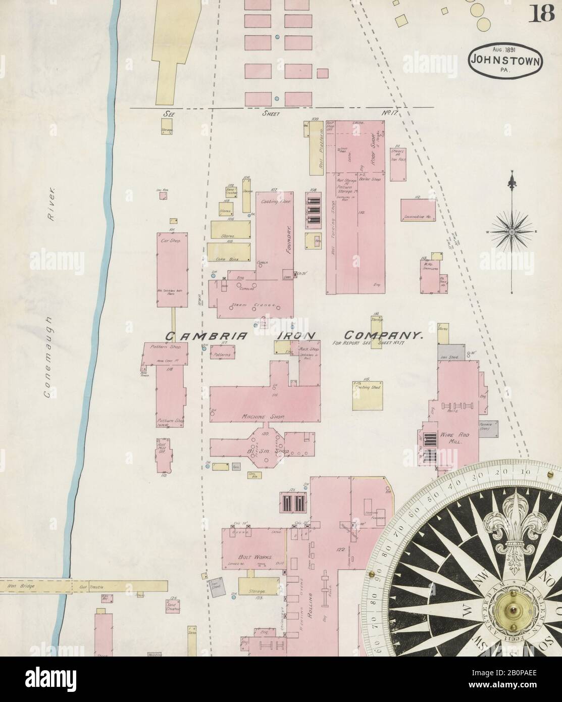 Image 18 of Sanborn Fire Insurance Map from Johnstown, Cambria County, Pennsylvania. Aug 1891. 21 Sheet(s), America, street map with a Nineteenth Century compass Stock Photo
