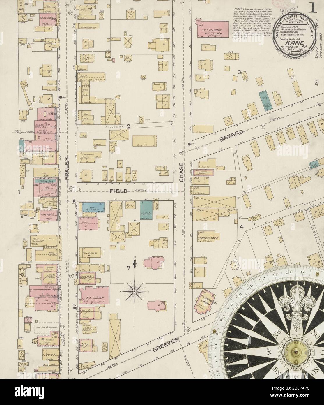 Image 1 of Sanborn Fire Insurance Map from Kane, McKean County, Pennsylvania. May 1892. 2 Sheet(s), America, street map with a Nineteenth Century compass Stock Photo