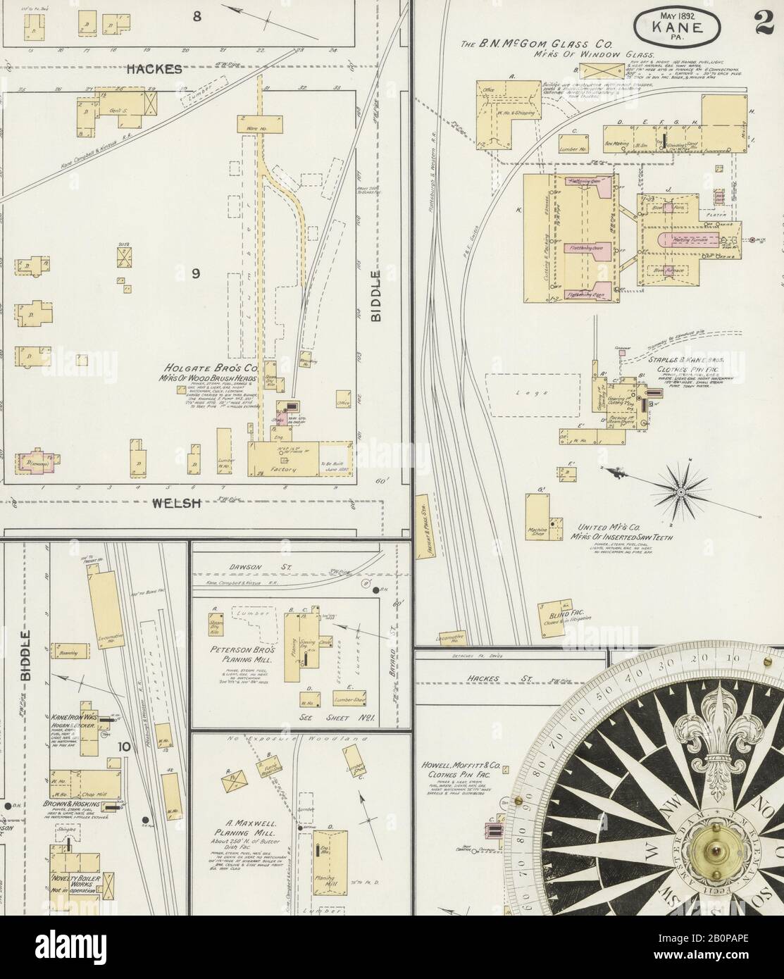 Image 2 of Sanborn Fire Insurance Map from Kane, McKean County, Pennsylvania. May 1892. 2 Sheet(s), America, street map with a Nineteenth Century compass Stock Photo