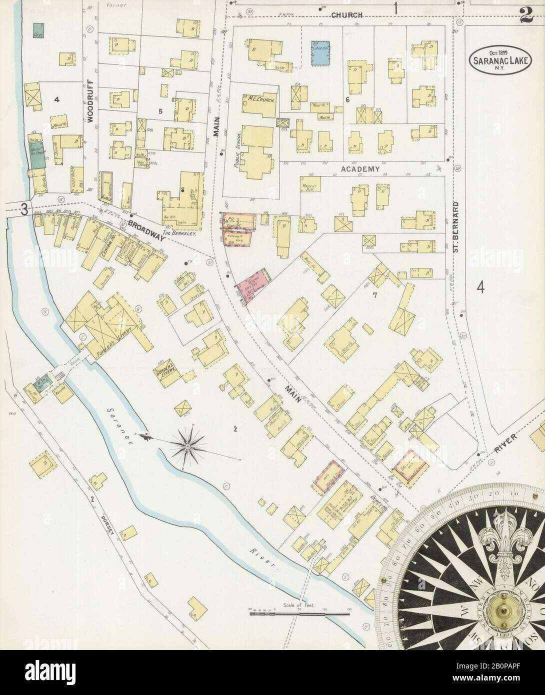 Image 2 of Sanborn Fire Insurance Map from Saranac Lake, Franklin And Essex Counties, New York. Oct 1899. 4 Sheet(s), America, street map with a Nineteenth Century compass Stock Photo