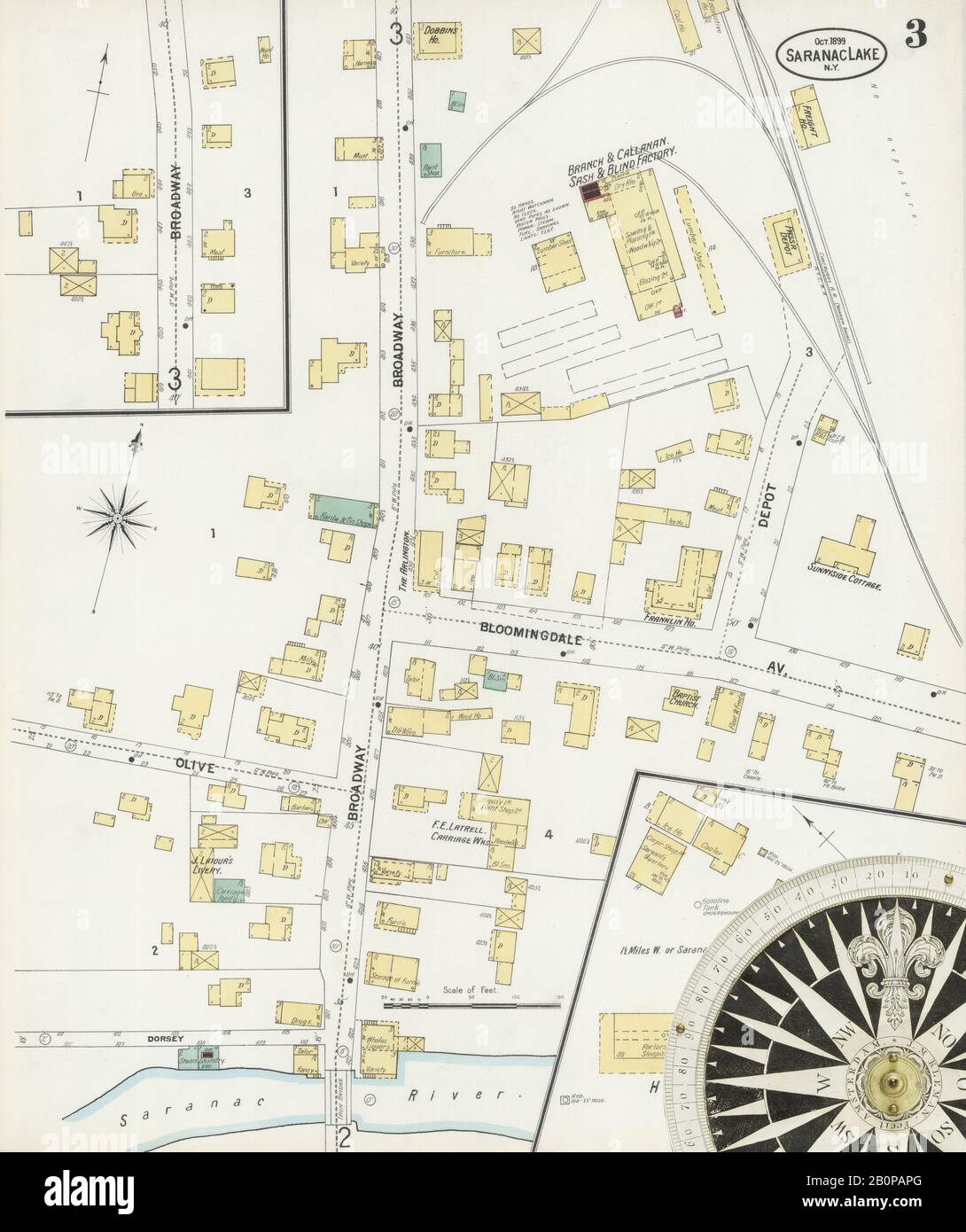 Image 3 of Sanborn Fire Insurance Map from Saranac Lake, Franklin And Essex Counties, New York. Oct 1899. 4 Sheet(s), America, street map with a Nineteenth Century compass Stock Photo