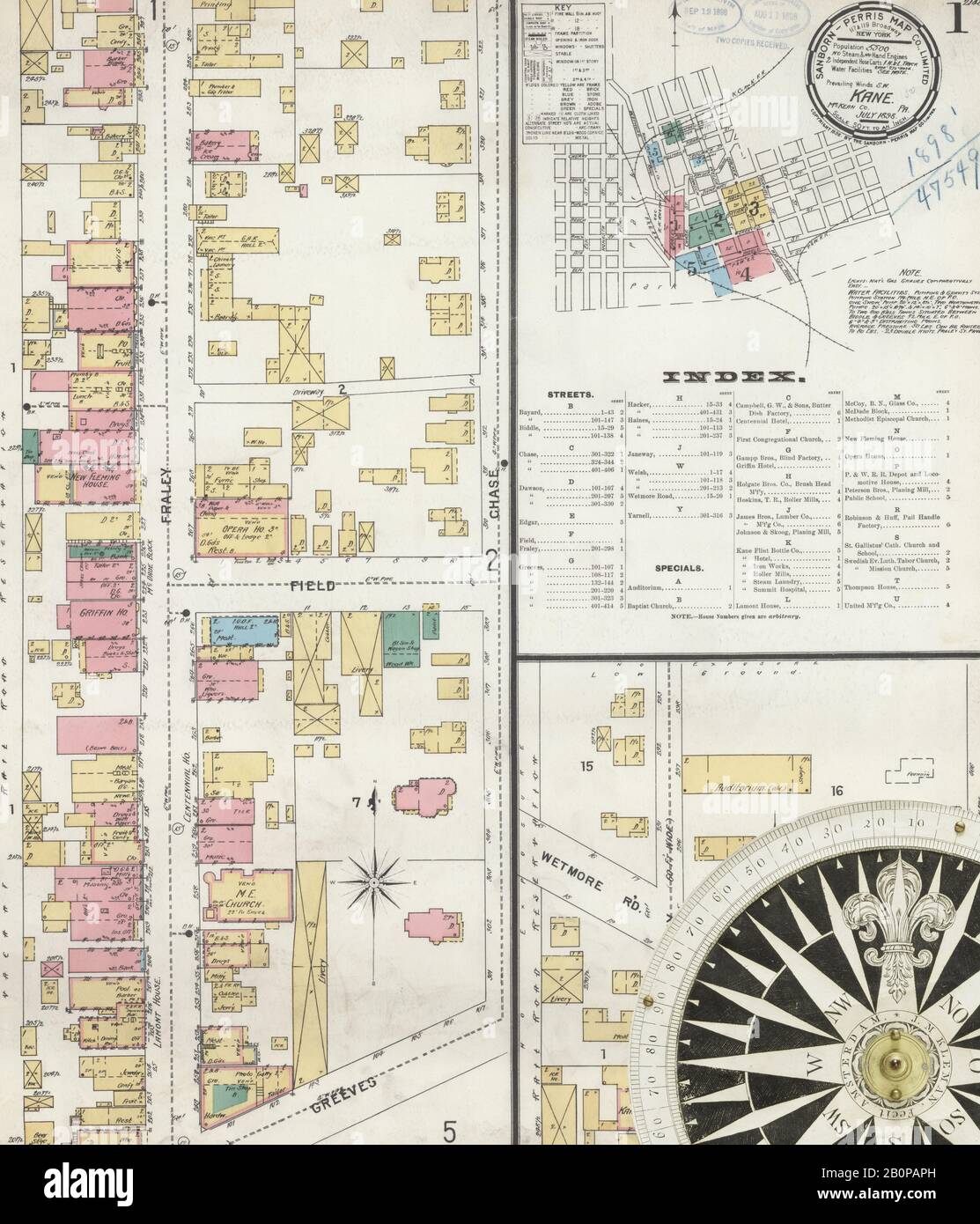Image 1 of Sanborn Fire Insurance Map from Kane, McKean County, Pennsylvania. Jul 1898. 6 Sheet(s), America, street map with a Nineteenth Century compass Stock Photo