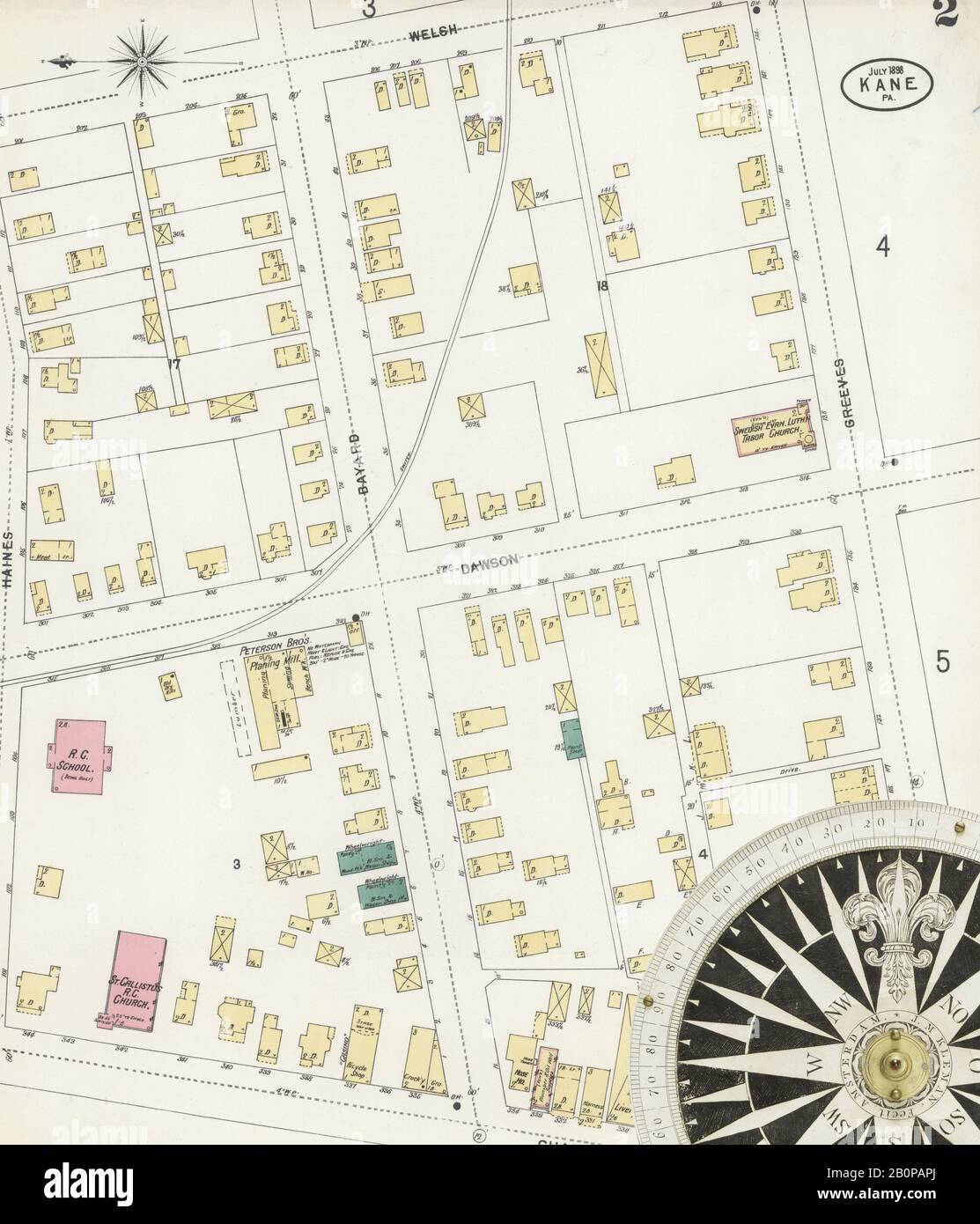 Image 2 of Sanborn Fire Insurance Map from Kane, McKean County, Pennsylvania. Jul 1898. 6 Sheet(s), America, street map with a Nineteenth Century compass Stock Photo
