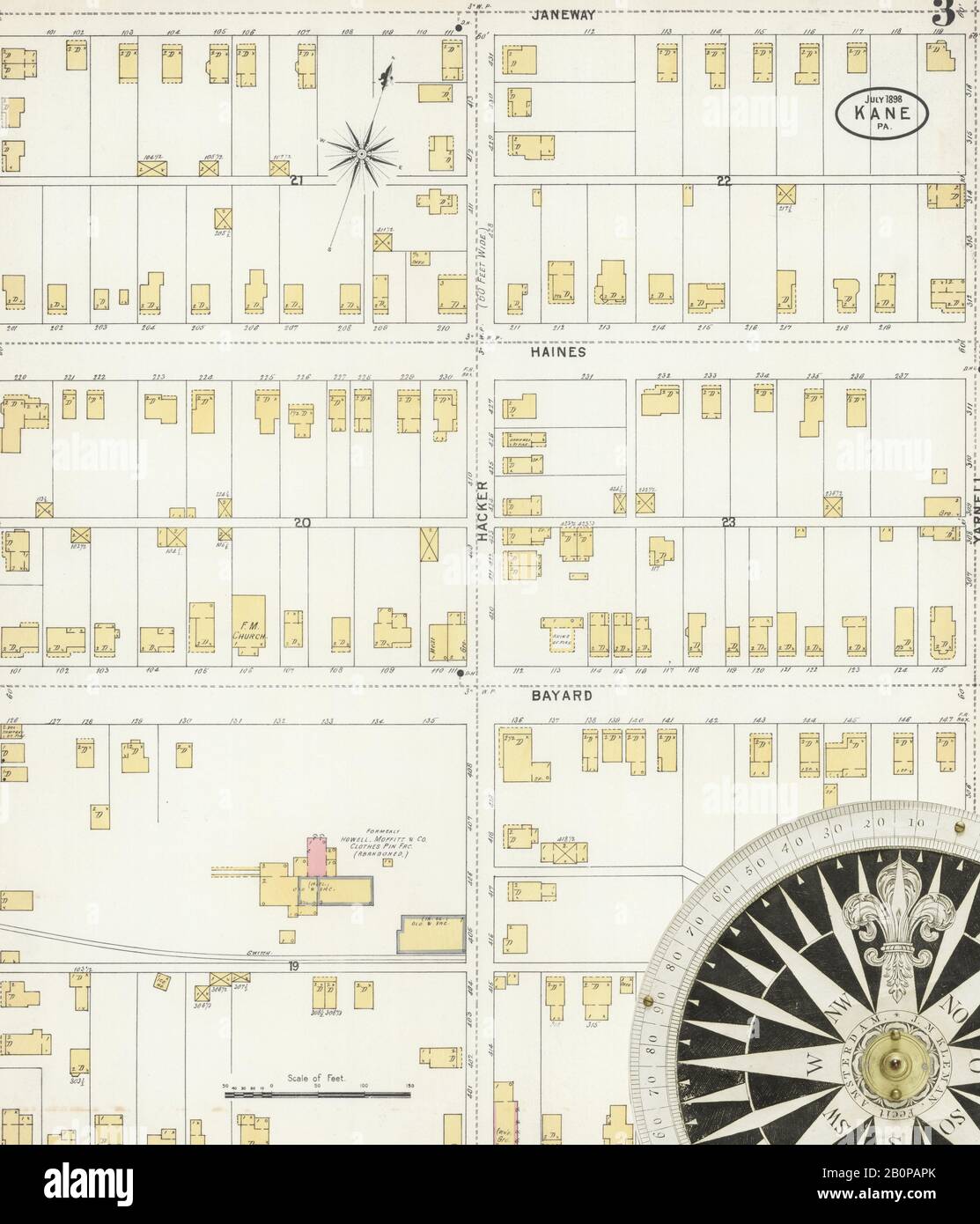 Image 3 of Sanborn Fire Insurance Map from Kane, McKean County, Pennsylvania. Jul 1898. 6 Sheet(s), America, street map with a Nineteenth Century compass Stock Photo
