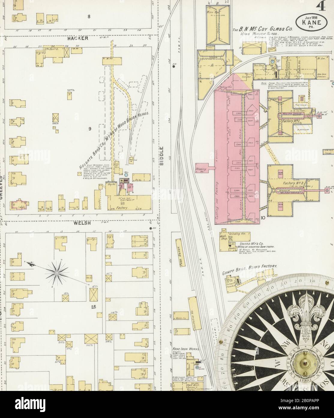 Image 4 of Sanborn Fire Insurance Map from Kane, McKean County, Pennsylvania. Jul 1898. 6 Sheet(s), America, street map with a Nineteenth Century compass Stock Photo